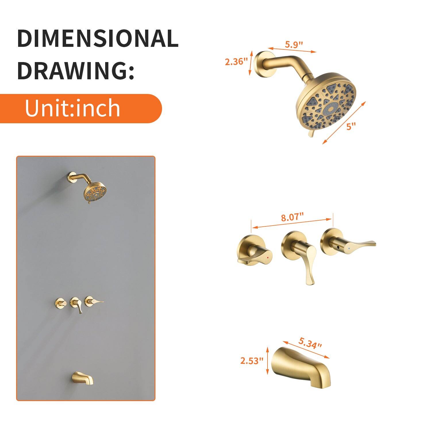 DIMENSIONAL DRAWING:  
Unit: inch  

- 2.36"  
- 5.9"  
- 5"  
- 8.07"  
- 2.53"  
- 5.34"