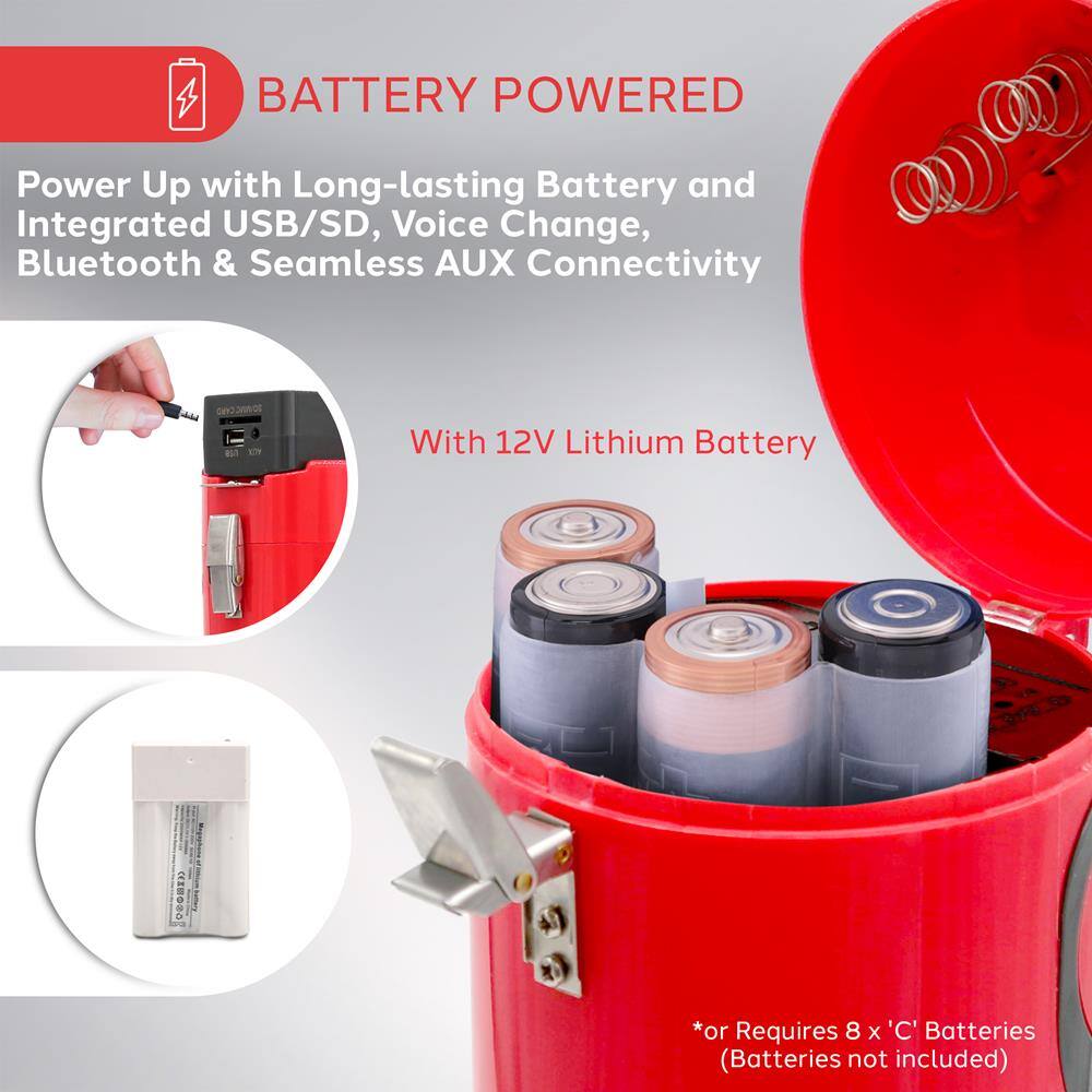BATTERY POWERED

Power Up with Long-lasting Battery and Integrated USB/SD, Voice Change, Bluetooth & Seamless AUX Connectivity

With 12V Lithium Battery

*or Requires 8 x 'C' Batteries (Batteries not included)