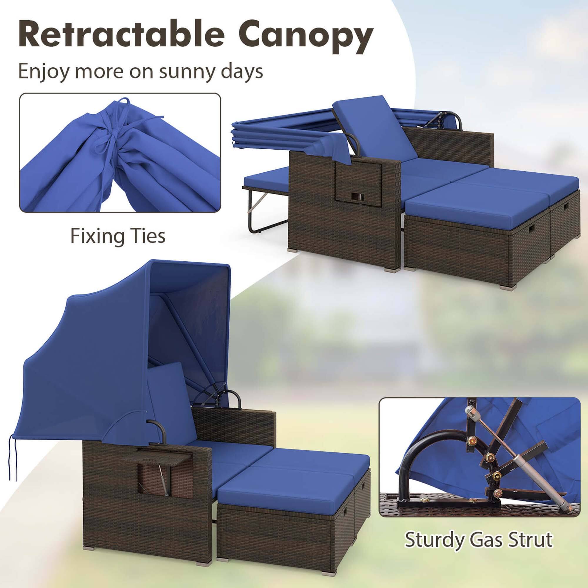 Retractable Canopy  
Enjoy more on sunny days  

Fixing Ties  

Sturdy Gas Strut