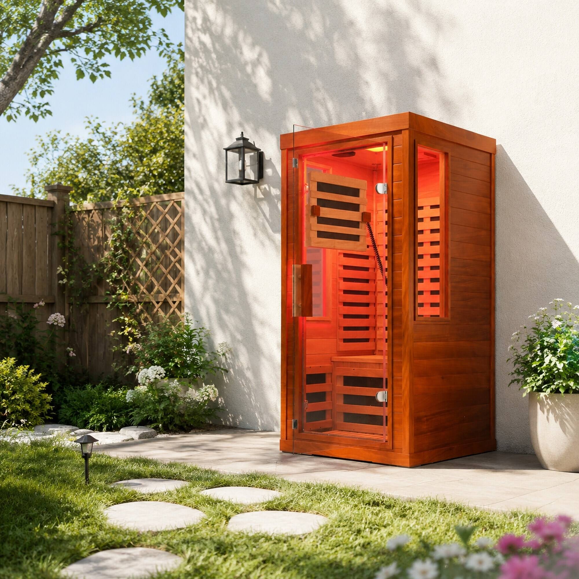 Alt View 2. RYHNUYNE - One Person Far Infrared Sauna, Okoume Wood, Tempered Glass Door, 31.5 x 31.5 x 63.3 in, Bluetooth Audio, Red Light - Natural.