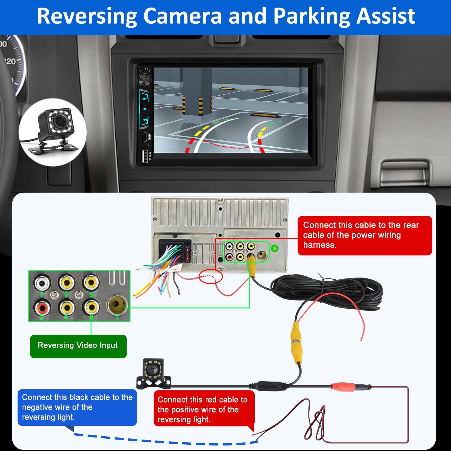 Reversing Camera and Parking Assist

- Connect this cable to the rear cable of the power wiring harness.
- Reversing Video Input: Connect this black cable to the negative wire of the reversing light.
- Connect this red cable to the positive wire of the reversing light.
