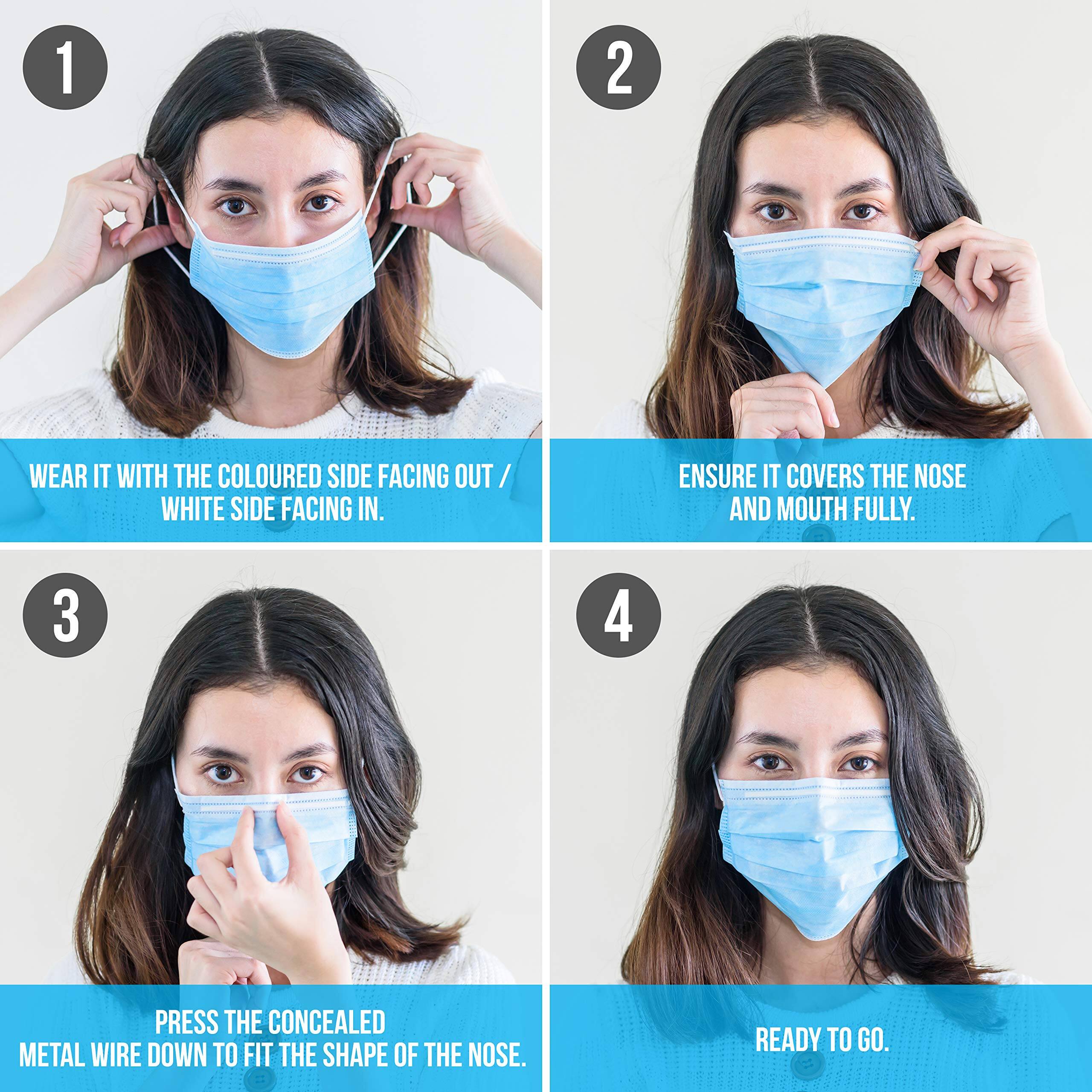 1. WEAR IT WITH THE COLOURED SIDE FACING OUT / WHITE SIDE FACING IN.

2. ENSURE IT COVERS THE NOSE AND MOUTH FULLY.

3. PRESS THE CONCEALED METAL WIRE DOWN TO FIT THE SHAPE OF THE NOSE.

4. READY TO GO.