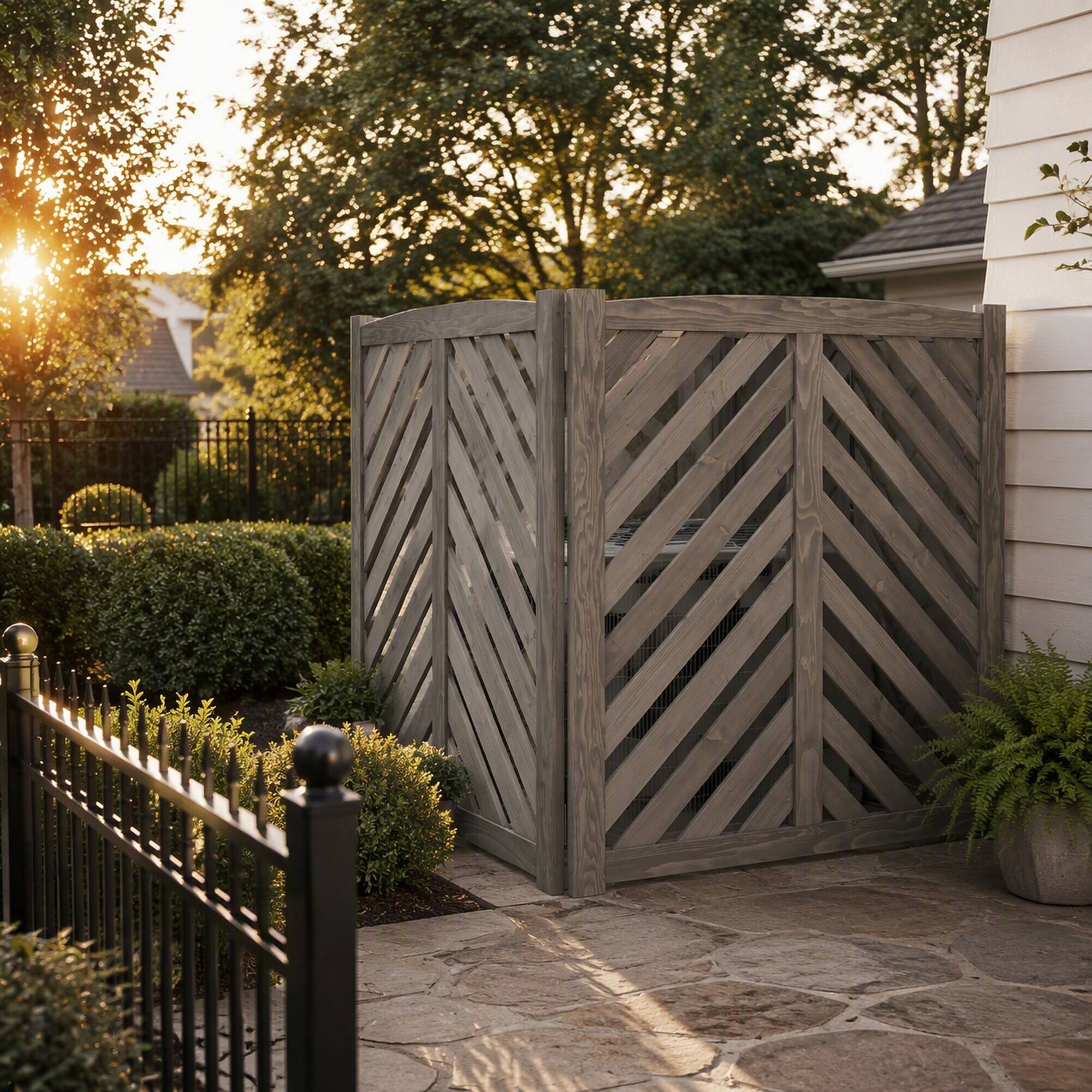 Back. RYHNUYNE - Cedar 3 Panel Outdoor Privacy Screen for Air Conditioner and Trash Can Enclosure, 32 Inch Wide by 38 Inch Tall - Gray.