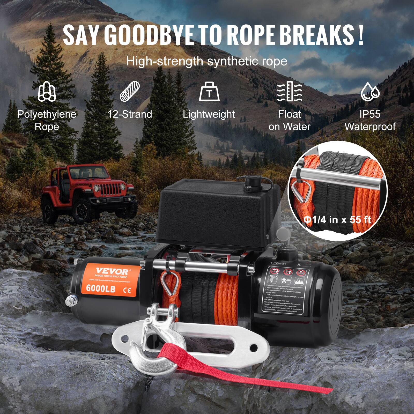 SAY GOODBYE TO ROPE BREAKS!  
High-strength synthetic rope  
Polyethylene 12-Strand Rope  
Lightweight  
Float on Water  
IP55 Waterproof  
1/4 in X 55 ft  
TOUGH VEVOR TOOLS, HALF PRICE  
https://forteradySritabila.lives.wow.com/ager!  
6000LB CE