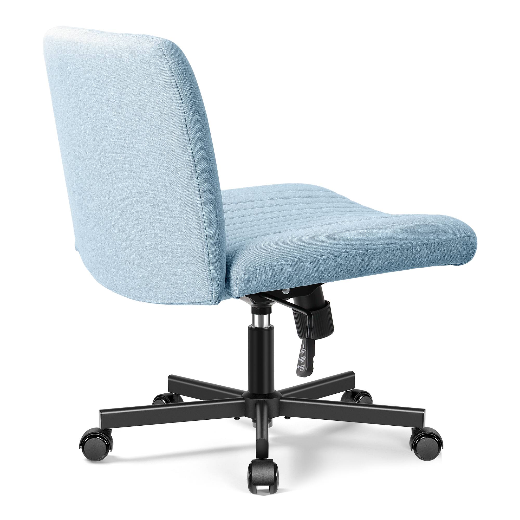 Back. Brick Attic - Criss Cross Chair with Wheels, Wide Cross Legged Office Desk Vanity Chair Comfy Fabric Armless Adjustable Swivel - Light Blue.
