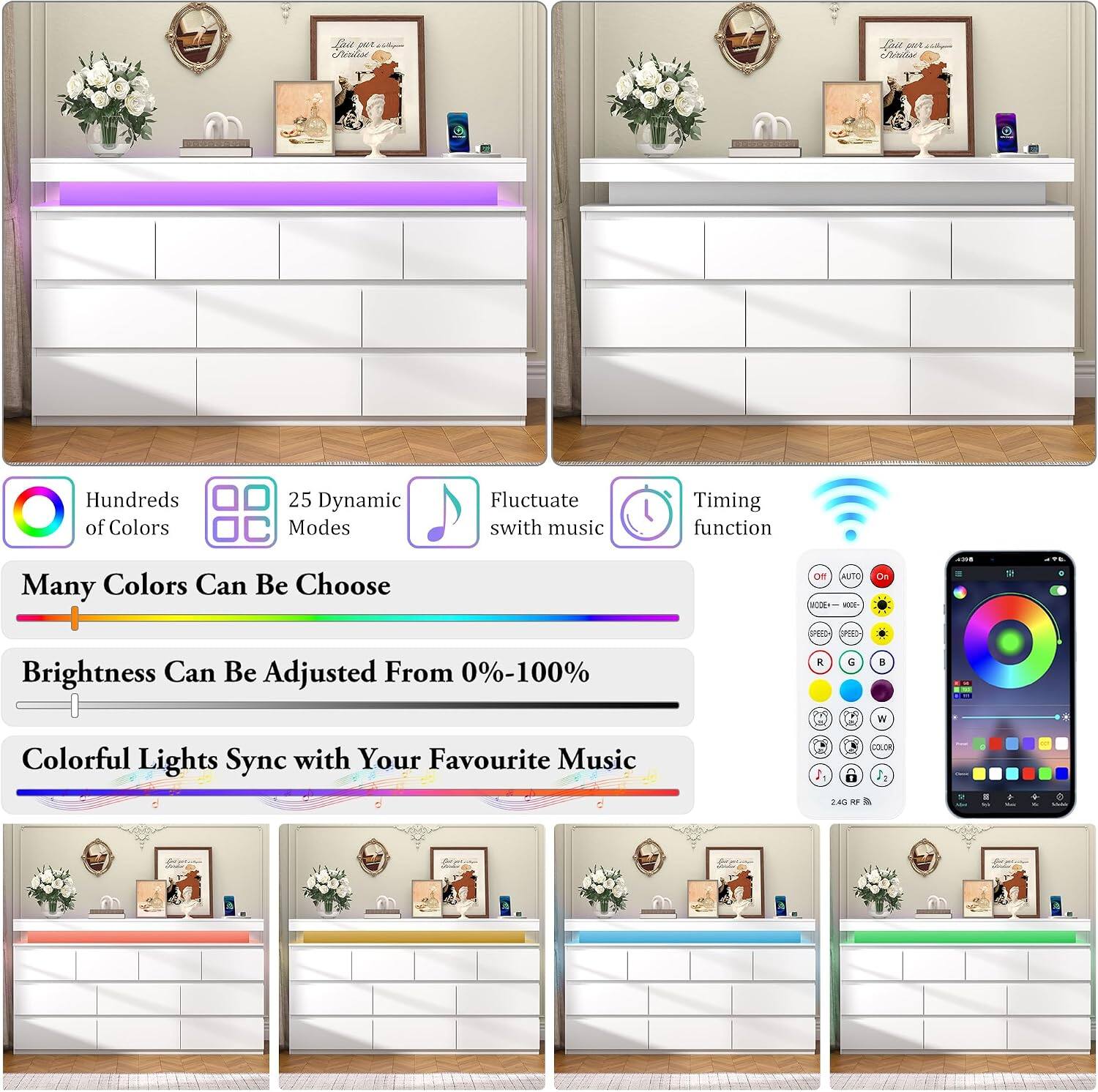 Hundreds of Colors  
25 Dynamic Modes  
Fluctuate with music  
Timing function  
Many Colors Can Be Choose  
Brightness Can Be Adjusted From 0%-100%  
Colorful Lights Sync with Your Favourite Music  
2.4 GHz