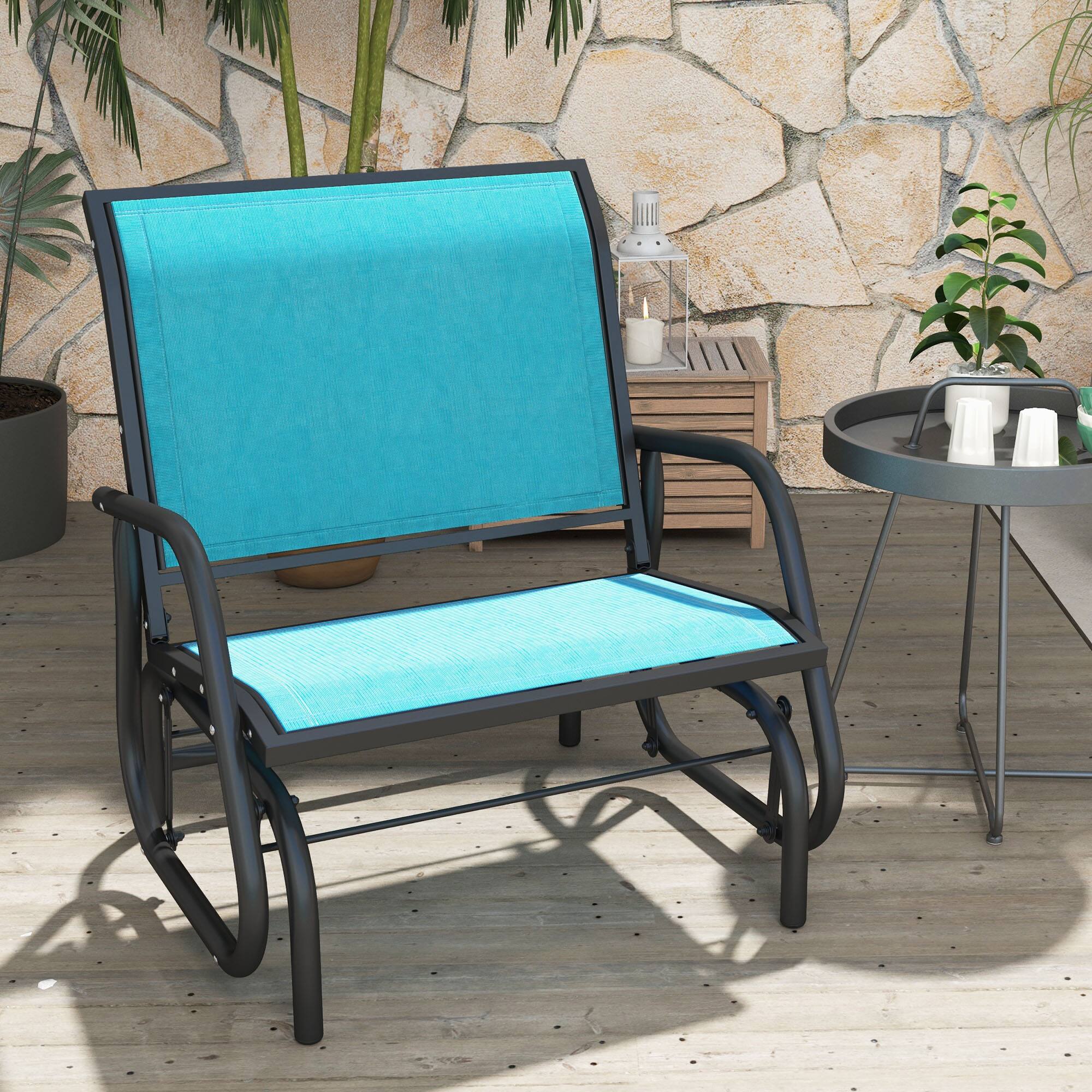 Alt View 4. Outsunny - Porch Glider, Metal Frame Swing Glider Chair with Breathable Mesh Fabric, Curved Armrests and Steel Frame for Garden - Blue.