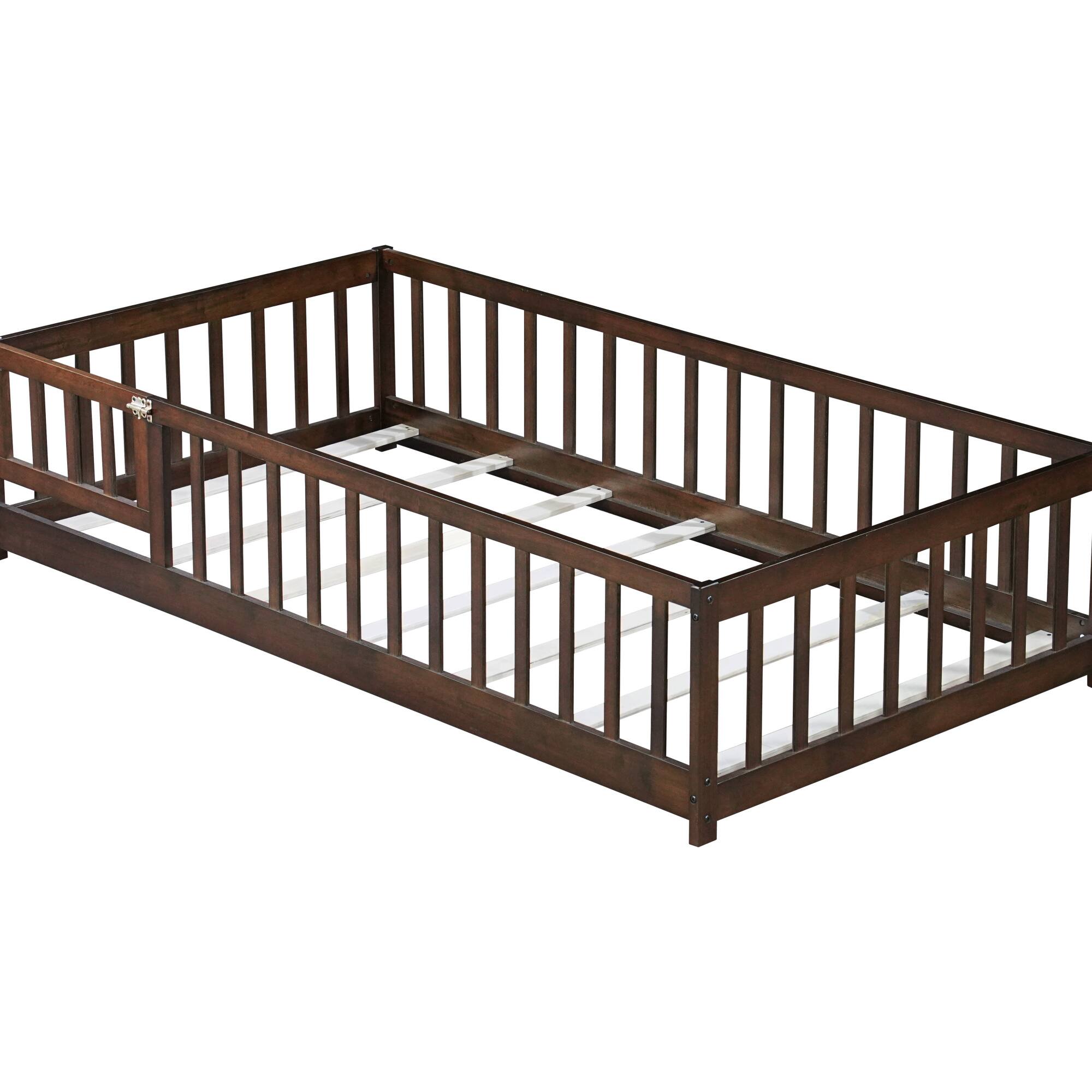 Alt View 7. GOODSILO - Twin Size Low-Profile Children's Floor Bed with Safety Guardrails and Entry Door, Natural Wood Finish - Espresso.