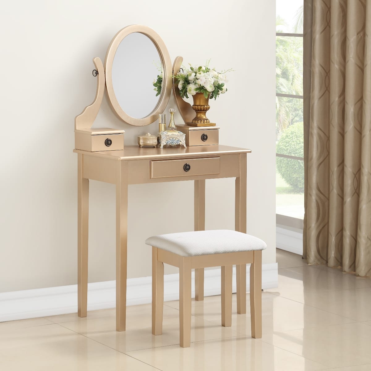 Loheer - Makeup Vanity Set with Stool, Wood Table and Adjustable Oval Mirror - Gold