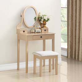 Loheer - Makeup Vanity Set with Stool, Wood Table and Adjustable Oval Mirror - Gold