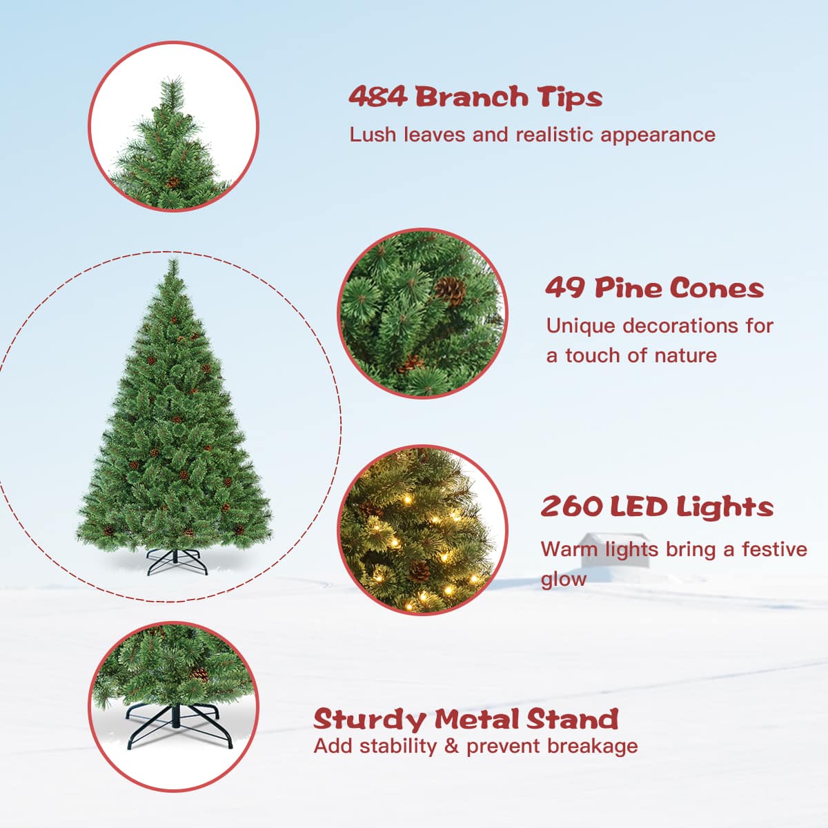 Costway 6Ft Pre-Lit PVC Artificial Carolina Pine Tree Flocked Cones ...