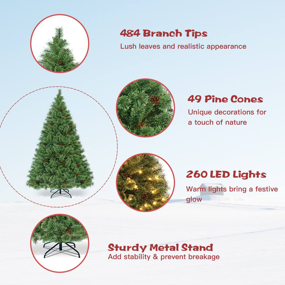 The text on the image is grouped and corrected as follows:

1. 484 Branch Tips: Lush leaves and realistic appearance.
2. 49 Pine Cones: Unique decorations for a touch of nature.
3. 260 LED Lights: Warm lights bring a festive glow.
4. Sturdy Metal Stand: Add stability & prevent breakage.