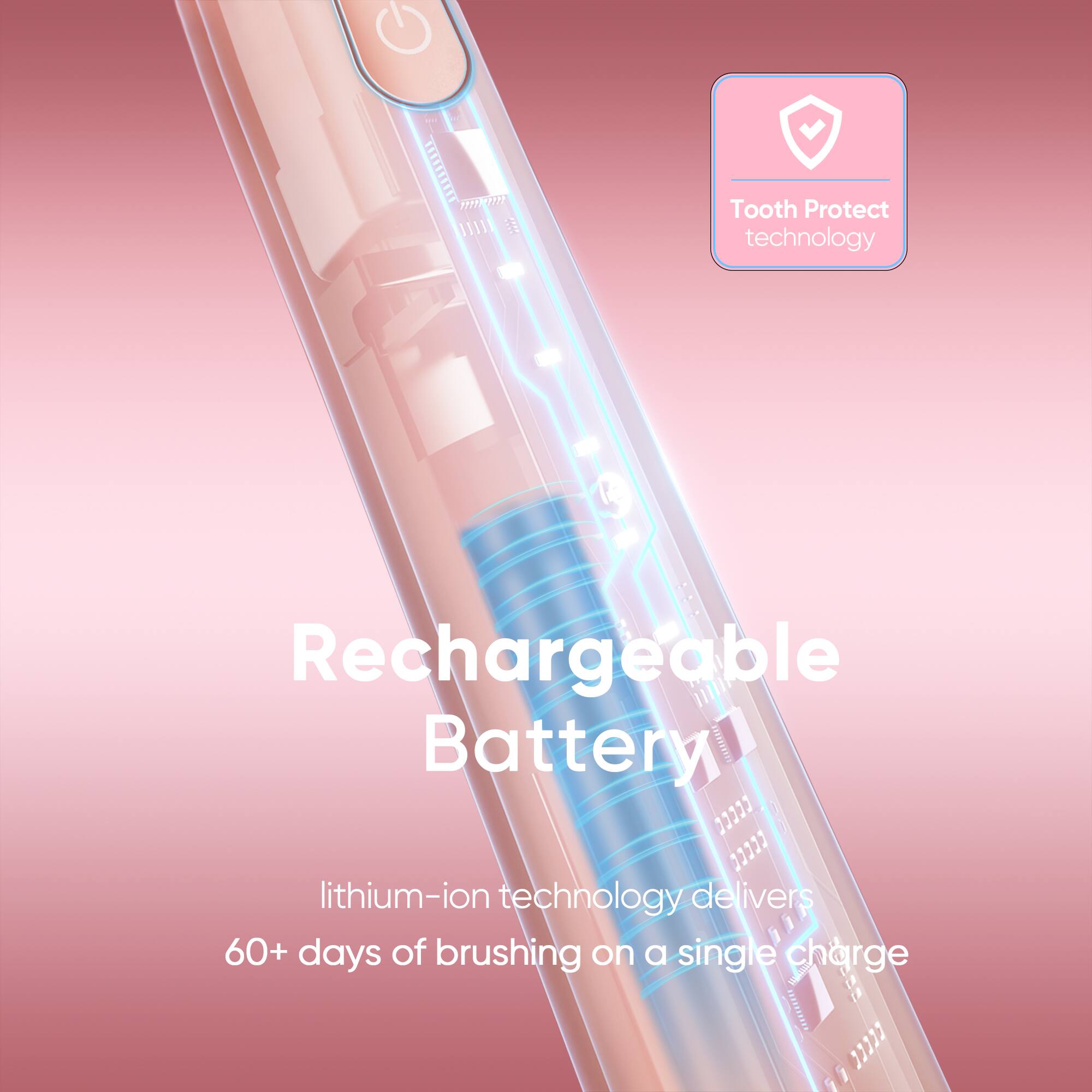 Tooth Protect technology, Rechargeable Battery, lithium-ion technology delivers 60+ days of brushing on a single charge