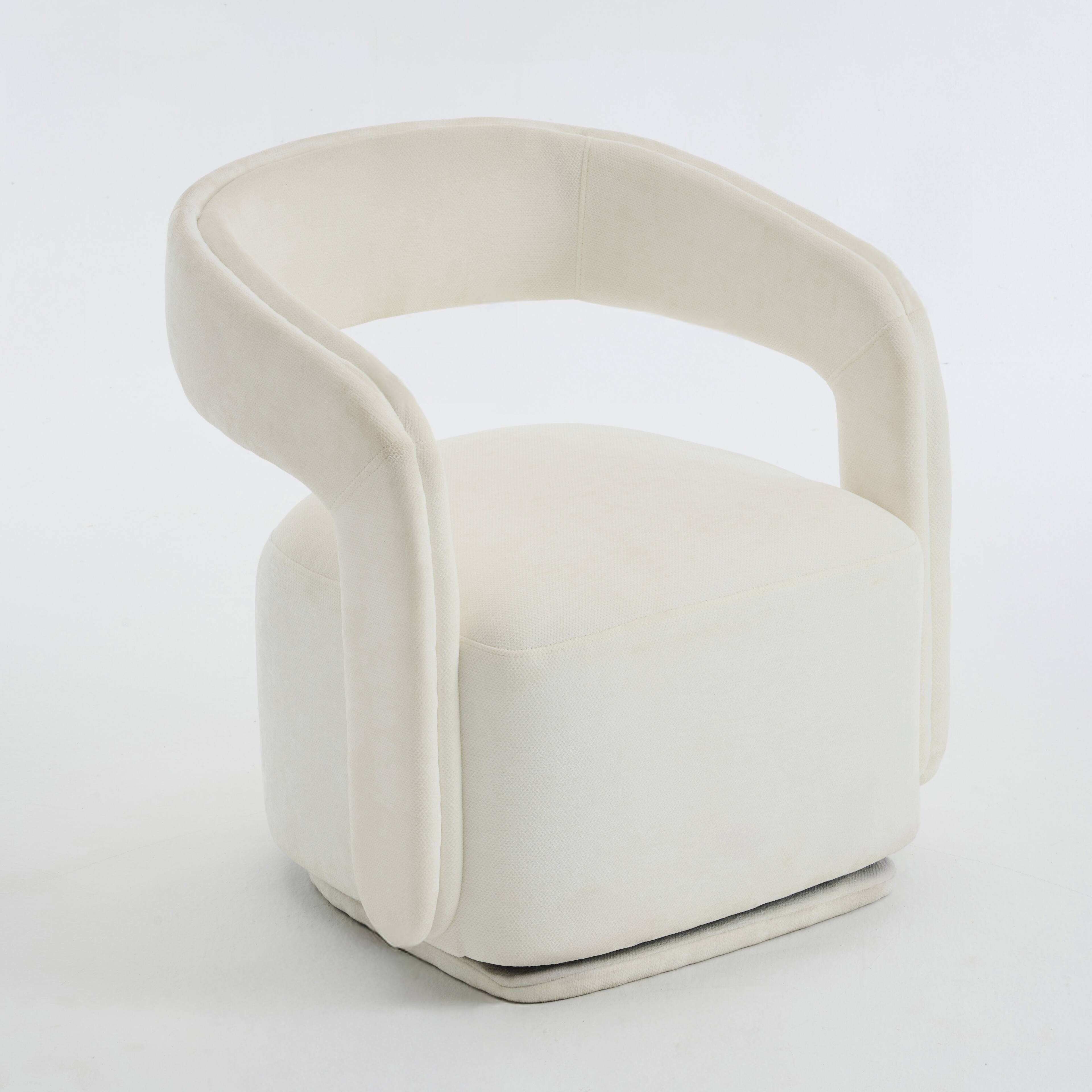 Angle. Whisen - Chenille Swivel Chair,Comfy Barrel Accent Armchair with 360° Rotating Base for Living Room - White.