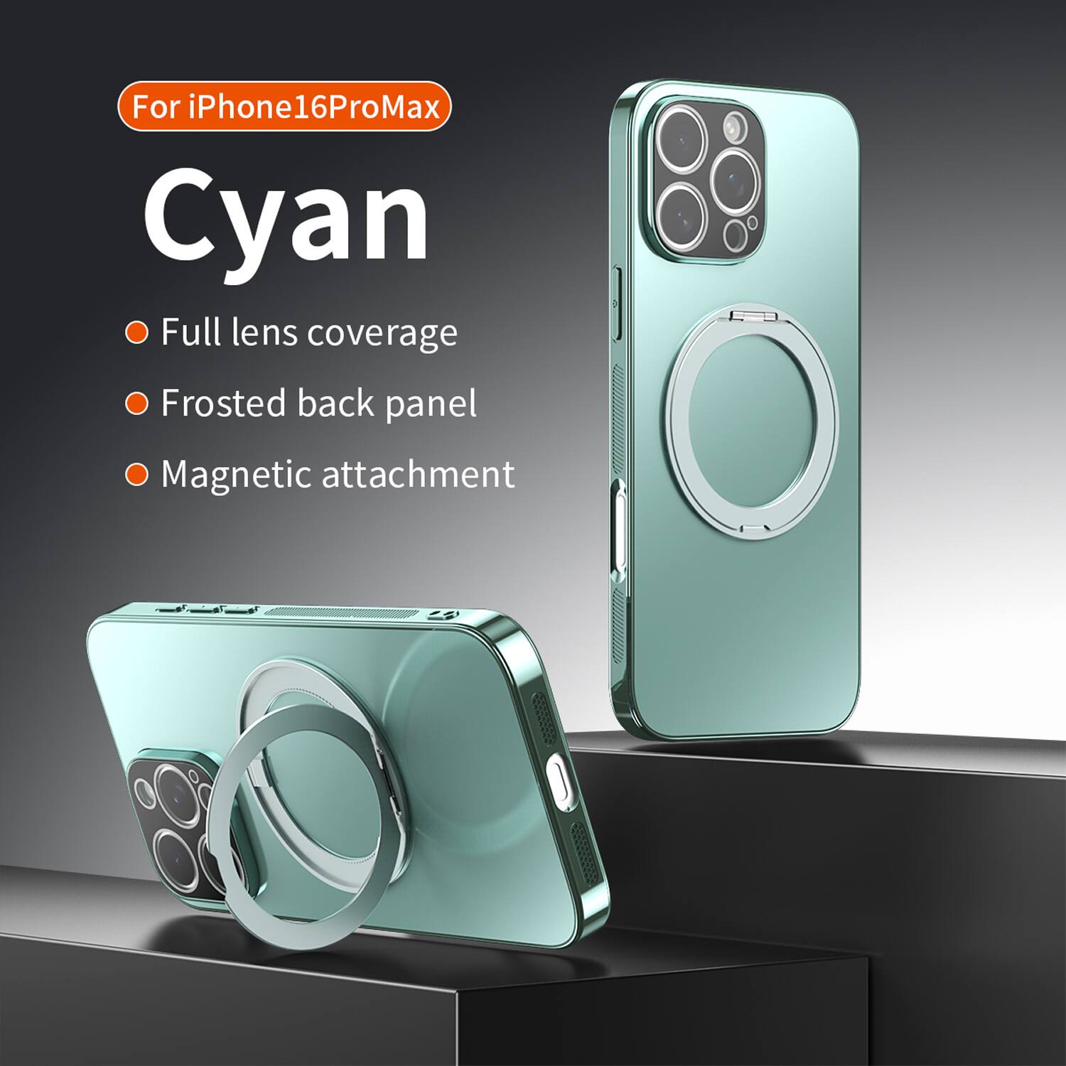 For iPhone 16 Pro Max Cyan Full lens coverage Frosted back panel Magnetic attachment