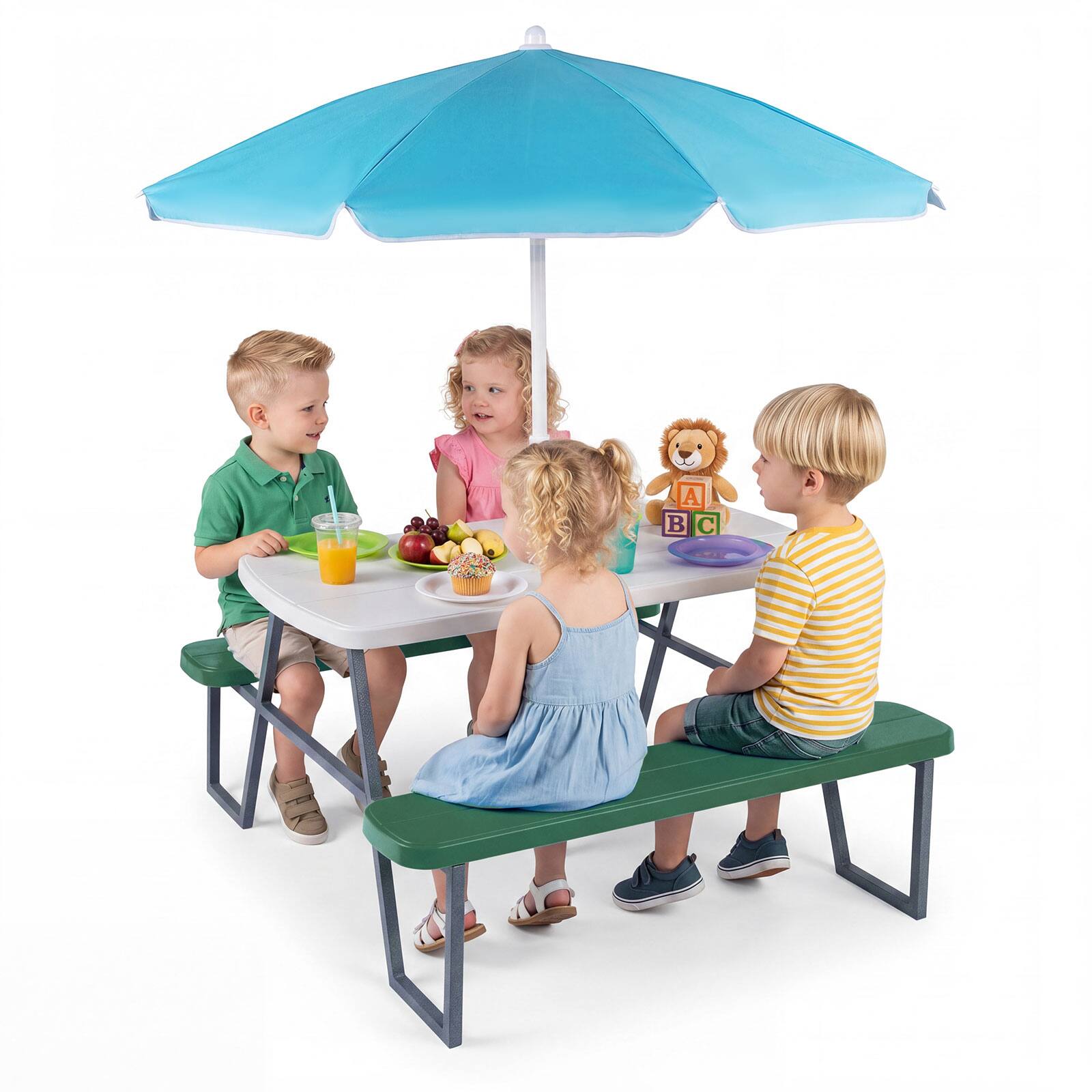 Front. Costway - Costway Kids Picnic Table with Benches Removable Adjustable Umbrella Metal Frame for Patio - Green.