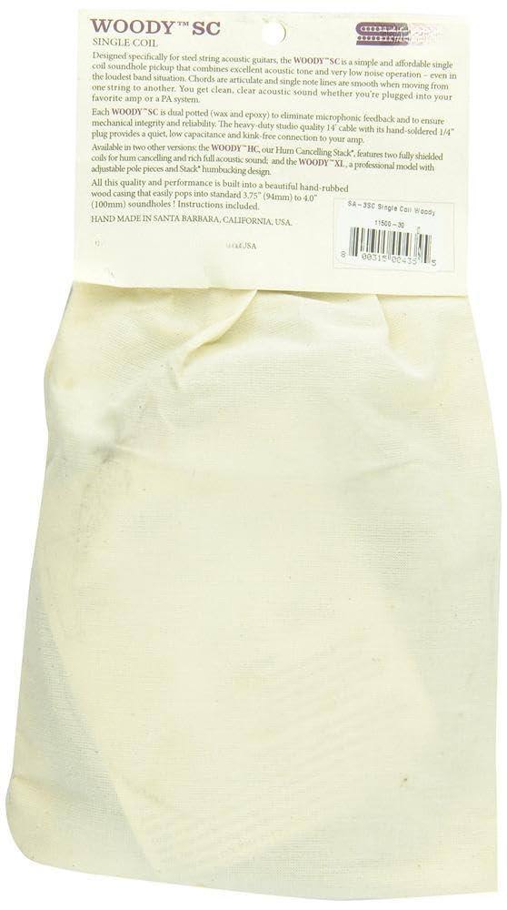 **WOODY™ SC**  
**SINGLE COIL**  

Designed specifically for steel string acoustic guitars, the WOODY™ SC is a simple and affordable coil soundhole pickup that combines excellent single acoustic tone and very low noise operation—even in the loudest band situation. Chords are articulate and single note lines are smooth when moving from one string to another. You get clean, clear acoustic sound whether you're plugged into your favorite PA or amp or system.  

Each WOODY™ SC is dual potted (wax and epoxy) to eliminate microphonic feedback and to ensure mechanical integrity and reliability. The heavy-duty studio quality 14 gauge cable with its hand-soldered 1/4" plug provides a quiet, low capacitance and kink-free connection to your amp.  

Available in two other versions: the WOODY™ HC, our Hum-Cancelling Stack™, features two fully shielded coils for hum and rich full acoustic sound; and the WOODY™ XL, a professional model with adjustable pole pieces and Stack™ humbucking design.  

All this quality and performance is built into a beautiful, hand-rubbed wood casing that easily pops into standard 3.5" (100mm)