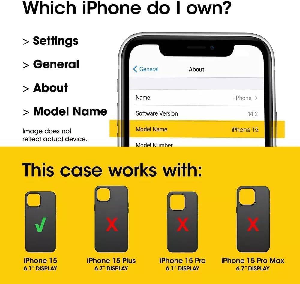 Which iPhone do I own?  
> Settings  
> General  
> About  
> Model Name  
> Software Version: iPhone 14.2  
> Model Name: iPhone 15  

This case works with:  
iPhone 15 6.1" DISPLAY  
iPhone 15 Plus 6.7" DISPLAY  
iPhone 15 Pro 6.1" DISPLAY  
iPhone 15 Pro Max 6.7" DISPLAY