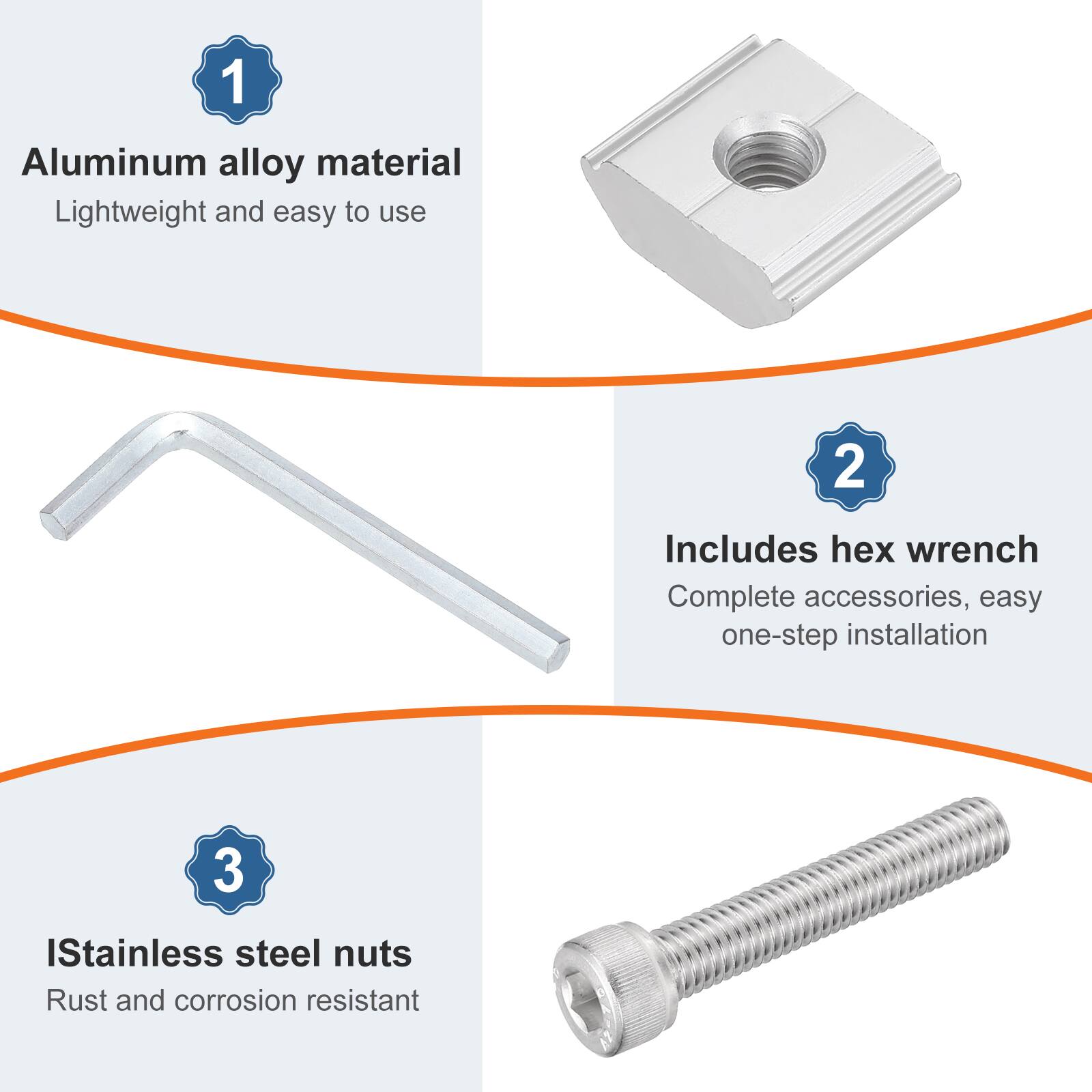 1. Aluminum alloy material - Lightweight and easy to use
2. Includes hex wrench - Complete accessories, easy one-step installation
3. Stainless steel nuts - Rust and corrosion resistant