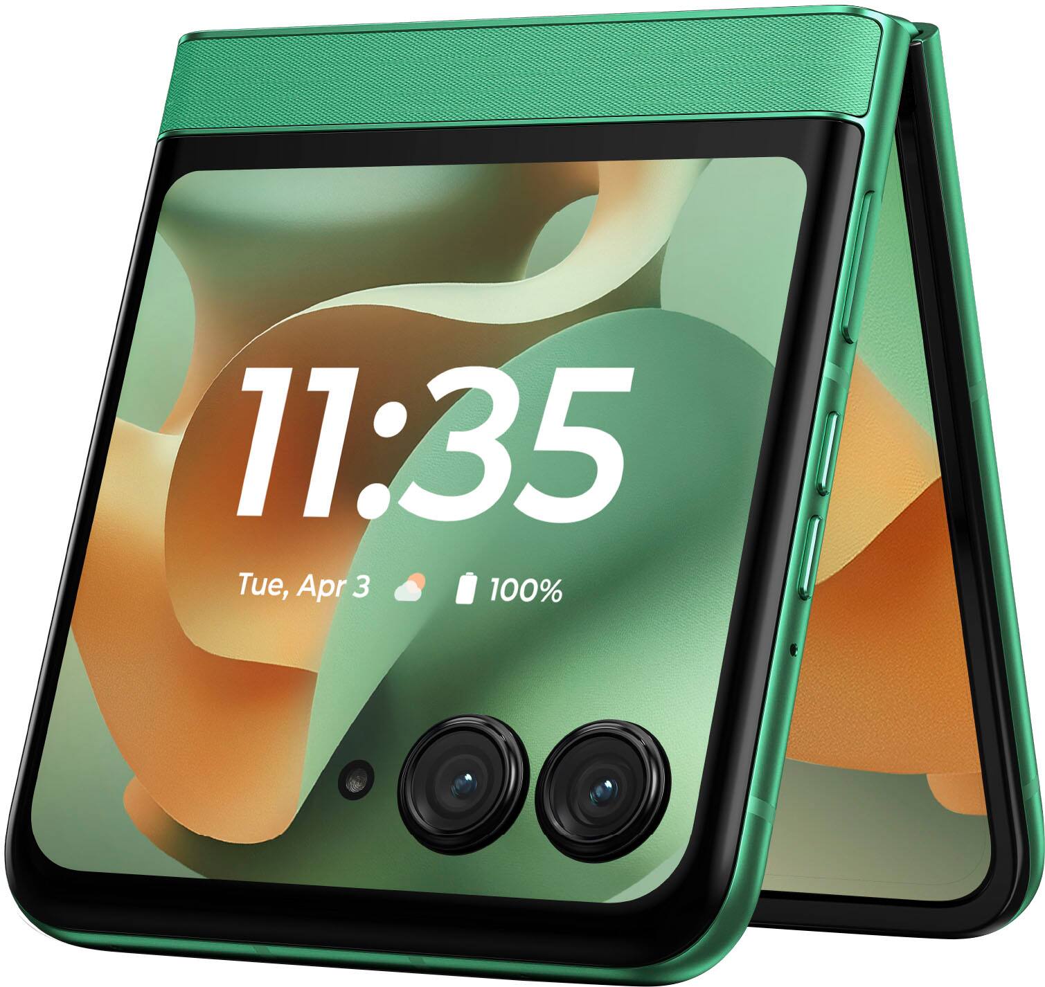 The time displayed on the screen is 11:35. The date is Tuesday, April 3rd. The device is showing that it is 100% charged.