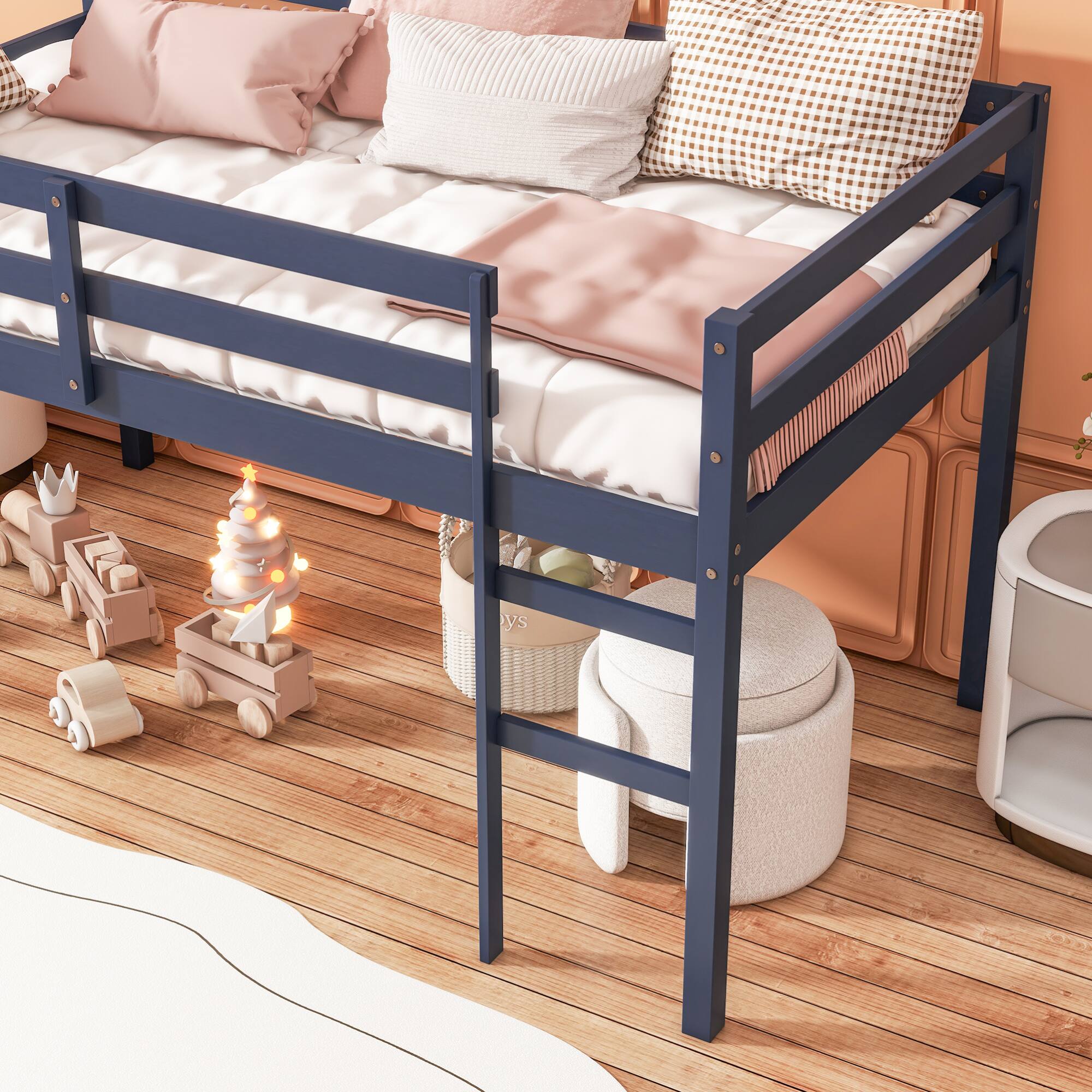 Alt View 5. GOODSILO - Solid Wood Twin Loft Bed with Ladder and Strengthened Slats for Enhanced Stability and Space Optimization - Blue.