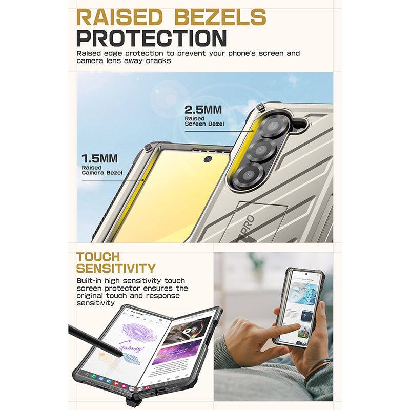**RAISED BEZELS PROTECTION**  
Raised edge protection to prevent your phone's screen and camera lens away cracks  
- 2.5MM Raised Screen Bezel  
- 1.5MM Raised Camera Bezel  

**TOUCH SENSITIVITY**  
Built-in high sensitivity touch screen protector ensures the original touch and response sensitivity