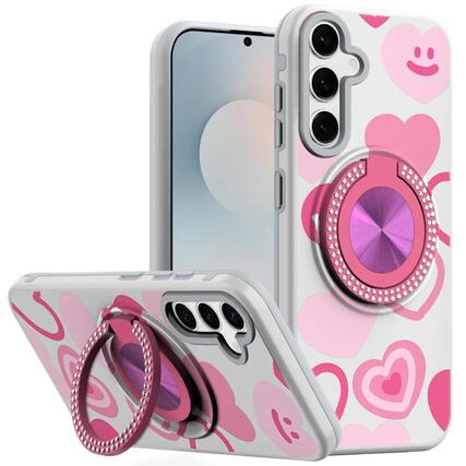 Front. Kitcheniva - Printed Bling 360 Rotating Ring Stand Phone Case With Tempered Glass For Samsung S26 6.3 Inch Hearts - White.