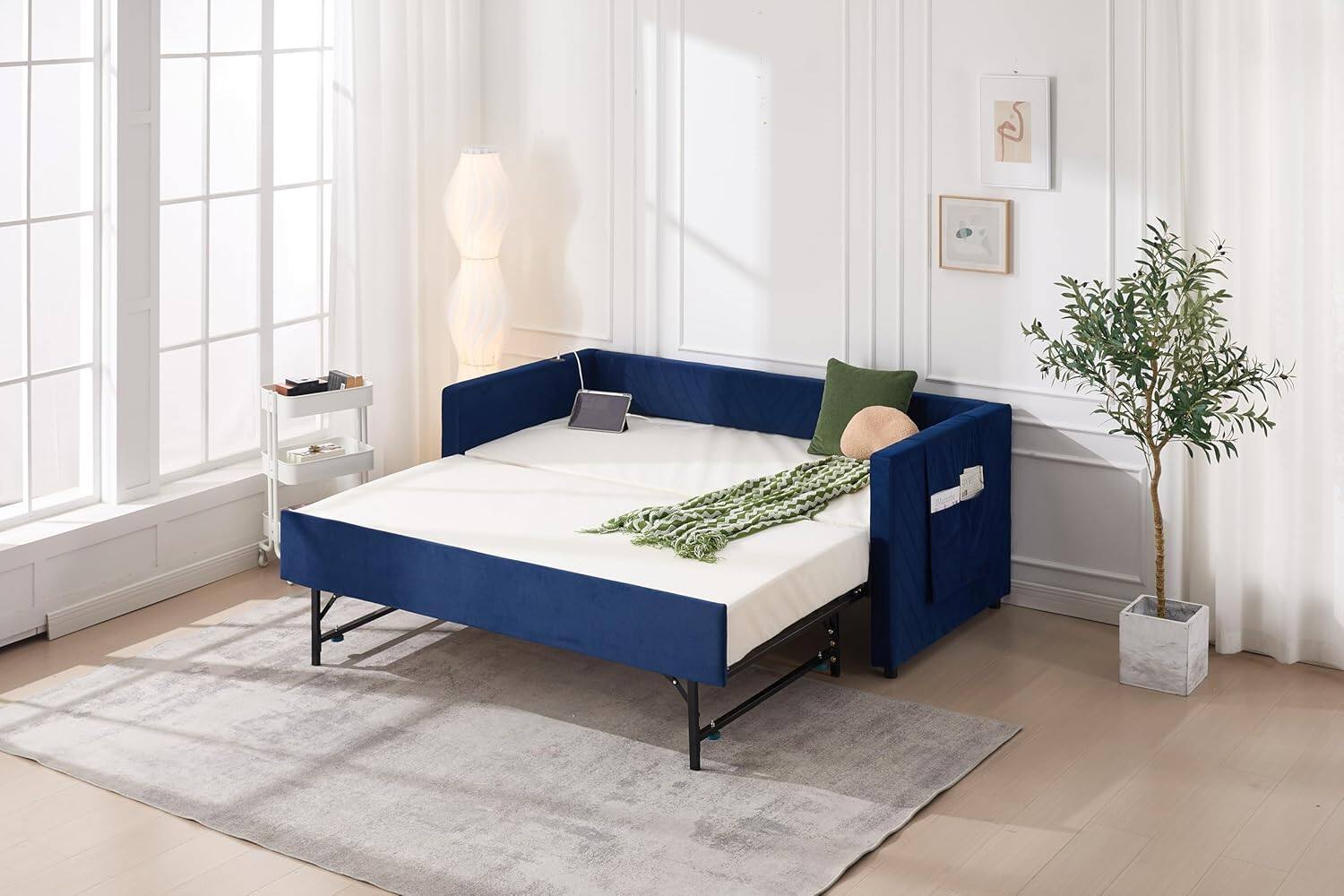 Alt View 2. Trinkets Crazed - Twin Daybed with Pop Up Trundle, Velvet Upholstered Extendable Daybed with USB Ports & Pockets - blue.