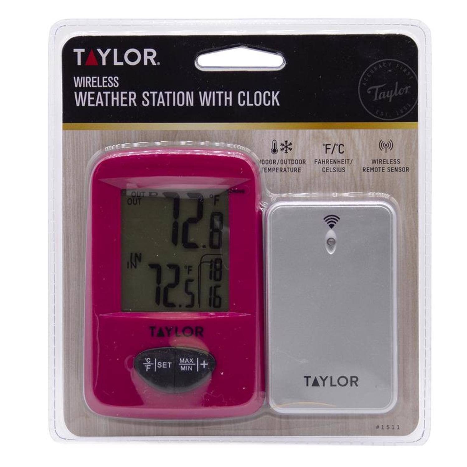 TAYLOR  
WIRELESS WEATHER STATION WITH CLOCK  

ACCURACY FIRST  
Taylor EST 1831  

DOOR/OUTDOOR TEMPERATURE  
F/C FAHRENHEIT/CELSIUS  
WIRELESS REMOTE SENSOR  

OUT 12.8°F  
IN 72.5°F  

TAYLOR  
#1511  

CLOCK  

MAX | SET | MIN  
°C | °F