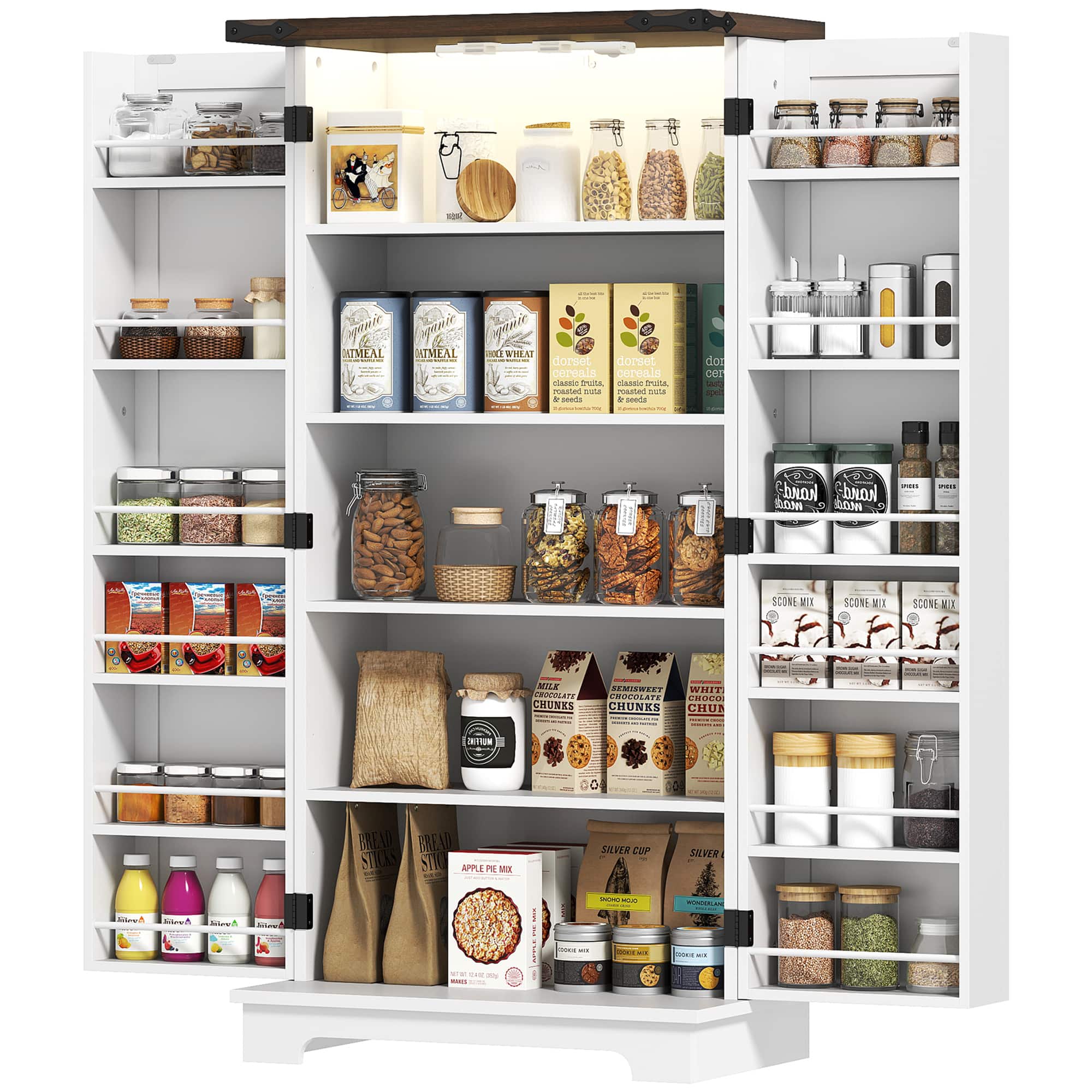 Homcom - Kitchen Cabinet with Sensing LED Light, Kitchen Pantry Cabinet with Doors, Adjustable Shelves - White
