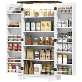 Homcom - Kitchen Cabinet with Sensing LED Light, Kitchen Pantry Cabinet with Doors, Adjustable Shelves - White