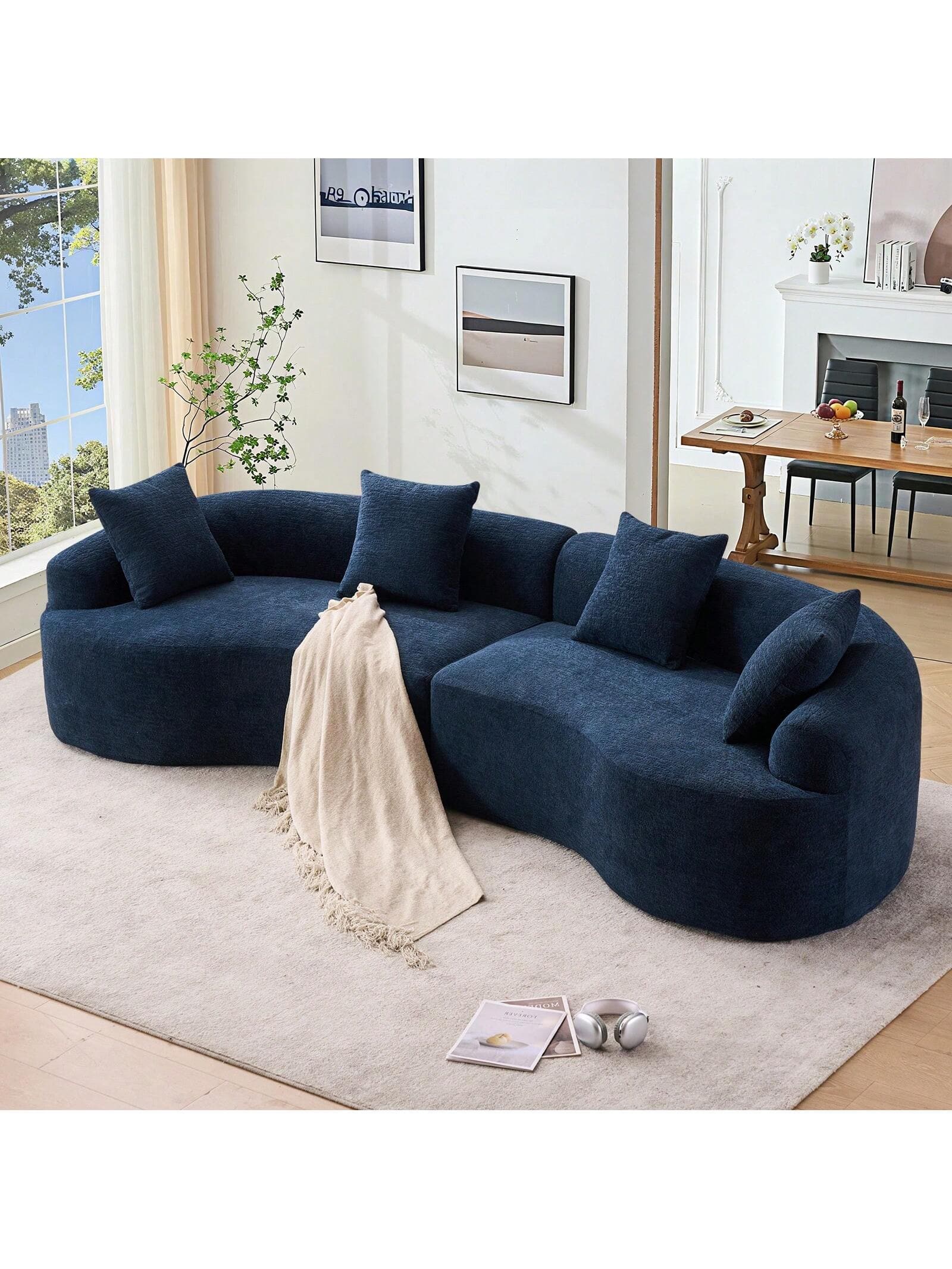 Trinkets Crazed - 110" Curved Sectional Sofa For Living Room,Deep Seat Cloud Floor Couch With 4 Pillows,Chenille Upholstered Couch - Navy