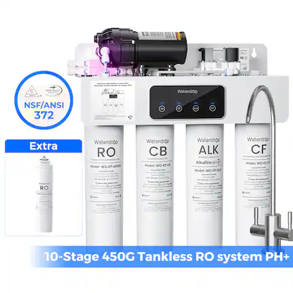atarmnr FC - - - I - - - - - I - - - C
WAIER GUAUTY - te Waterdrop NSF/ANSI 372 R ALK Extra Waterdrbs de RO - - - - Waterdrop RO Ire Momanare - Cumanis Model: WD-RT-450R0 - - - aTs AOM - - ane - - T - - - a c Cae - - - - tu Au - - - Waterdrop CB Anivatua twtan -o Model: WD-RT-CB - - - a7s4 -A w Cuts n n - i - - Boad - - - - O - Waterdrop ALK Activated Carbon - Alkaline ph Model: WD-RT-ALK Compatioe - - -. AAD i - - ut TAn - i - t Waterdrop CF PEA and Carbon - Model: WD-RT-C Compur - - WA - - - - 4 - - trato - - - 10-Stage 450G Tankless RO system PH+