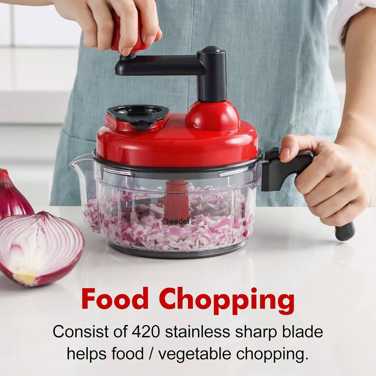 Geedel Food Chopping Consist of 420 stainless sharp blade helps food / vegetable chopping.