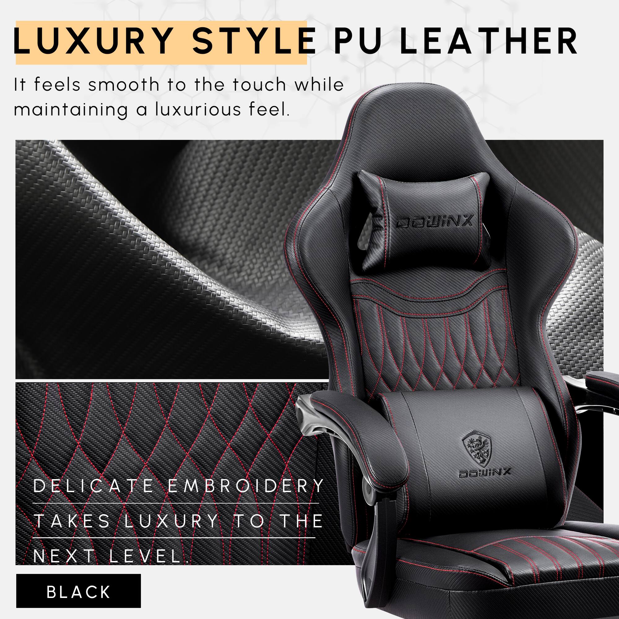 LUXURY STYLE PU LEATHER  
It feels smooth to the touch while maintaining a luxurious feel.  

DELICATE EMBROIDERY  
TAKES LUXURY TO THE NEXT LEVEL  

BLACK