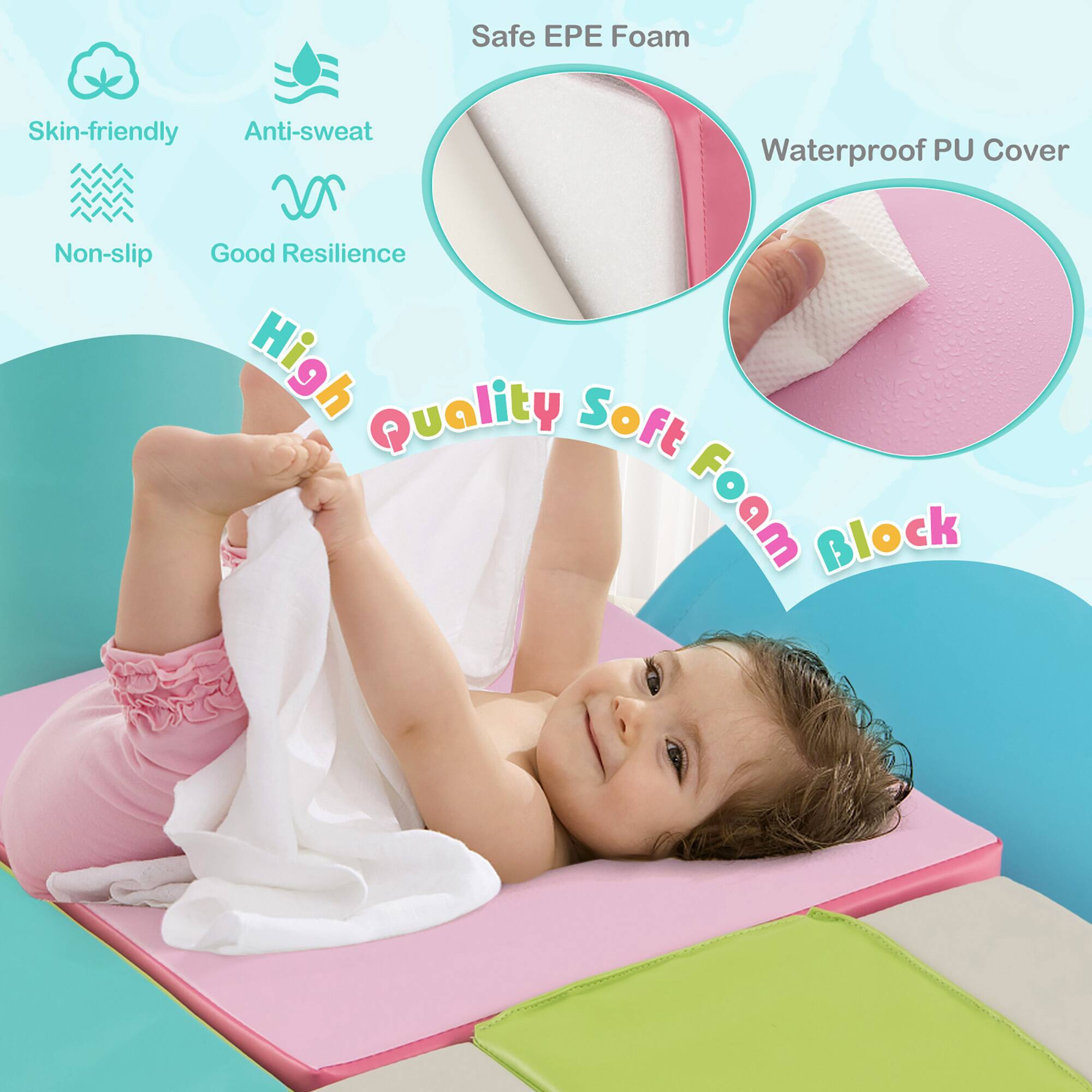 Safe EPE Foam  
Skin-friendly  
Anti-sweat  
Waterproof PU Cover  
Non-slip  
Good Resilience  
High Quality Soft Foam Block