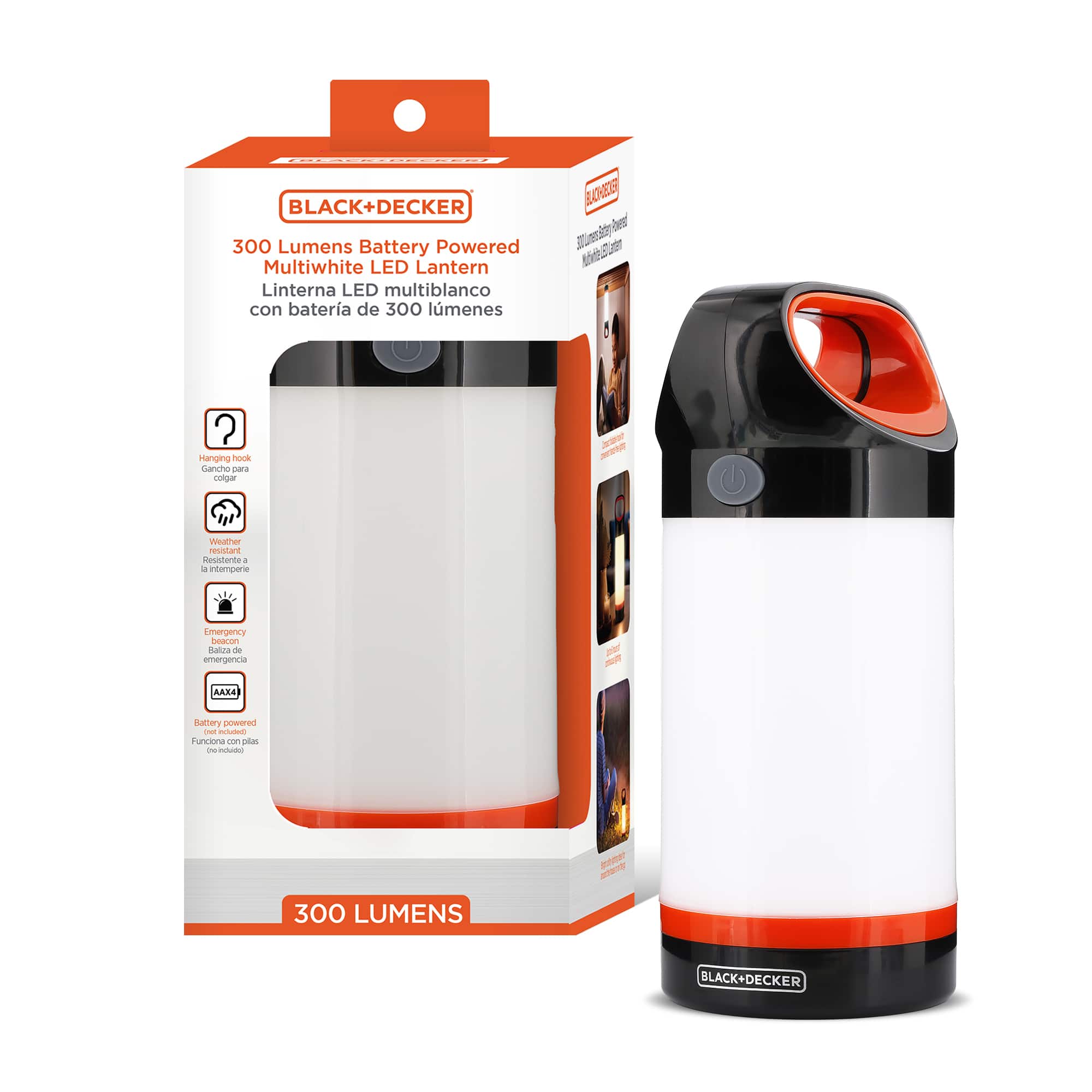 Black+Decker - 300LM LED Lantern, 360° Illumination with 5 Light Modes, Frosted Exterior, Folding Hook, up to 12 Hour - White