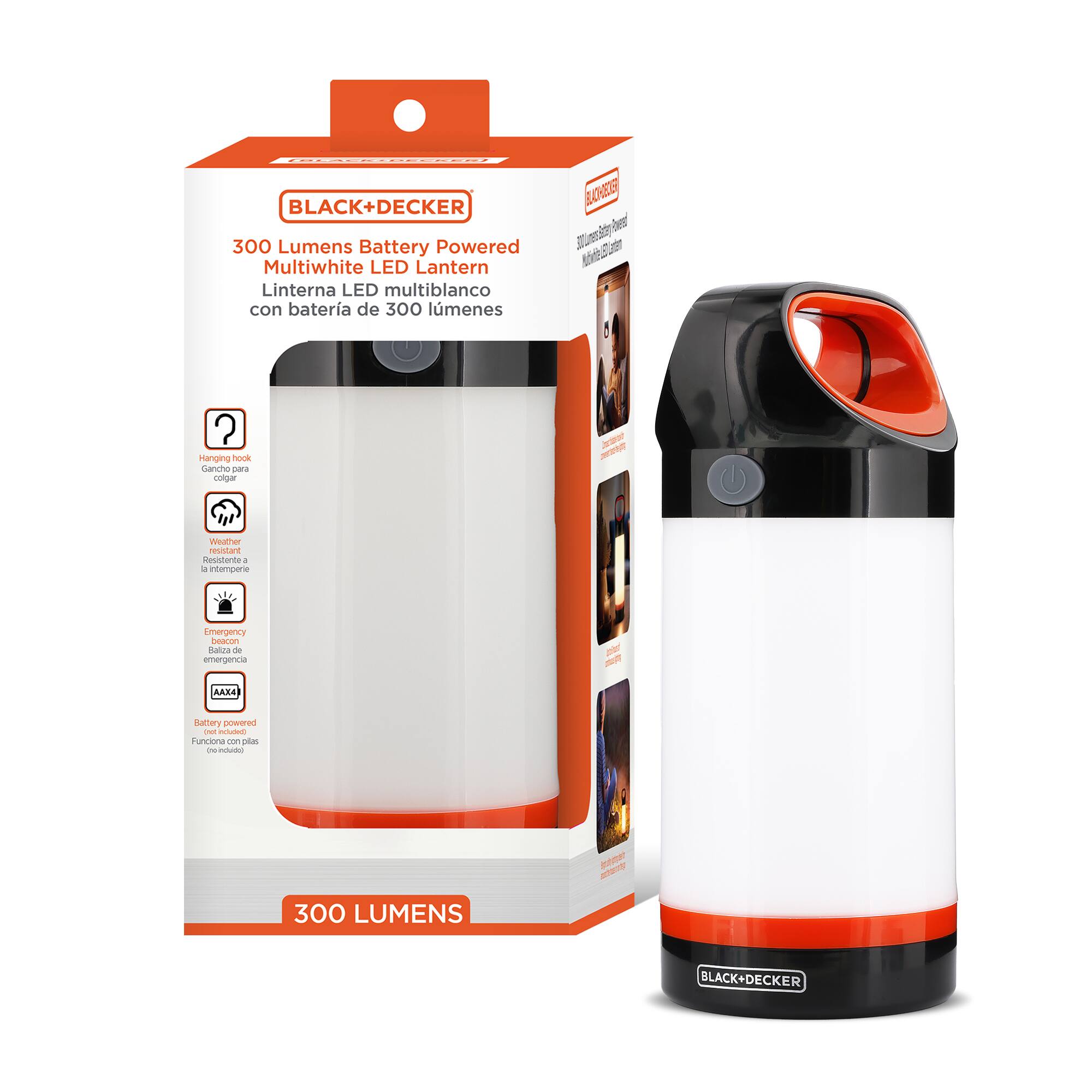 BLACK+DECKER 300 Lumens Battery Powered Multiwhite LED Lantern Linterna LED multiblanco con batería de 300 lúmenes

Hanging book Gancho para colgar
Weather resistant Resistente a la intemperie
Emergency beacon Baliza de emergencia
Battery powered Funciona con pilas (incluidas)
300 LUMENS
BLACK+DECKER