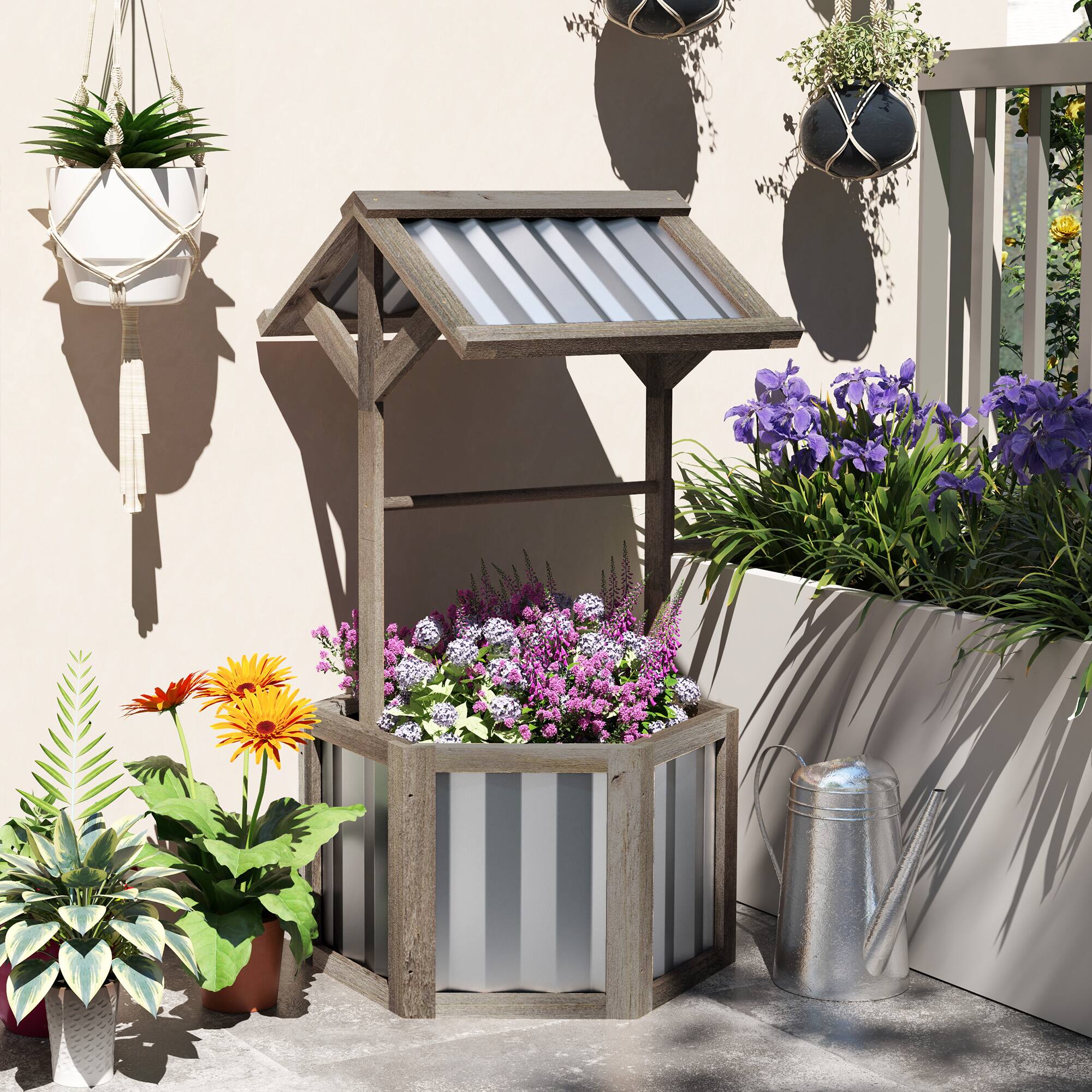 Alt View 7. Outsunny - Wooden Wishing Well Planter, Raised Garden Bed with Galvanized Canopy, Hexagon Outdoor Planter Box - Light Gray.