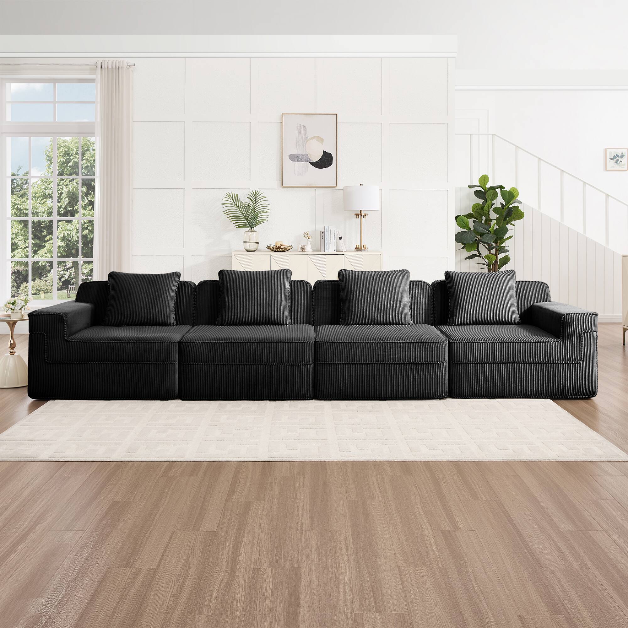 Front. Aukfa - Modular 4-Seat Boneless Sofa - Cloud Sectional Couch with Deep Seat & Throw Pillows, Corduroy Fabric - Black.