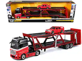 Mercedes-Benz Actros Open Car Hauler Red and Black with White and 1990 Mercedes-Benz 190E Red 1/64 Models by Maisto