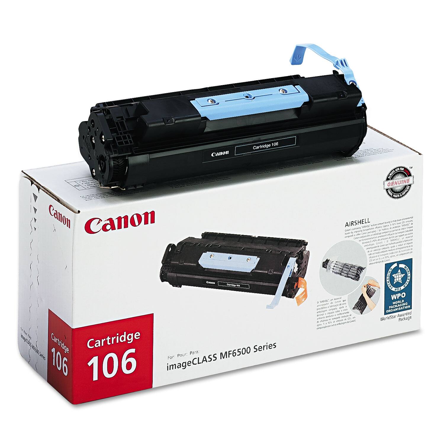 Canon Cartridge 106  
For: imageCLASS MF6500 Series  
Canon Genuine Cartridge  
AIRSHELL  
WPO World Packaging Organization  
WorldStar Awarded Package