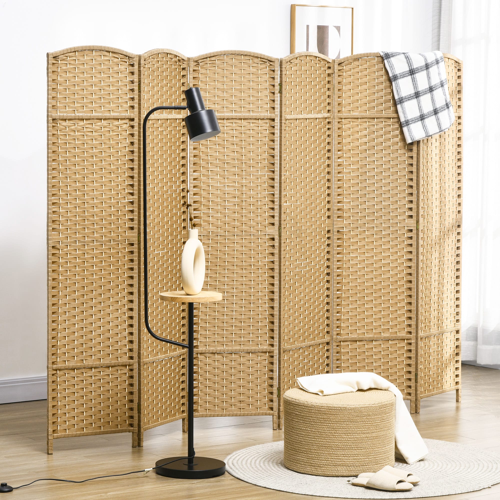 MOOSOO - 6 Panel Room Divider, Folding Privacy Screen, 5.6' Room Separator, Wave Fiber Freestanding Partition Wall Divider - Natural