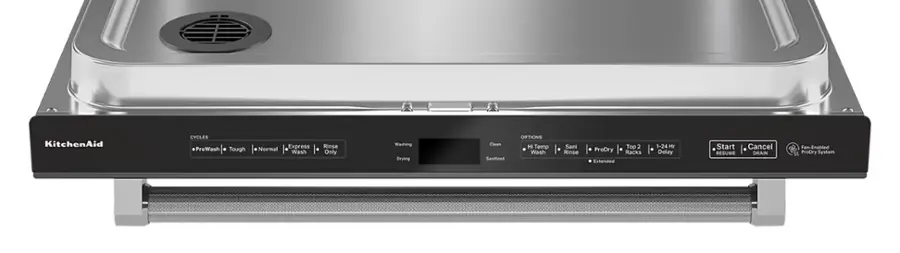 KitchenAid CYCLES ProWash Tough Normal Express Wash Rinse Only Washing Drying Clean Sanitize OPTIONS H Temp Wash Sani Rinse Top 2 ProDry Racks Estanded 1-24 Hr Delay Start Cancel RESUME DRAIN Fan-Enabled ProDry System