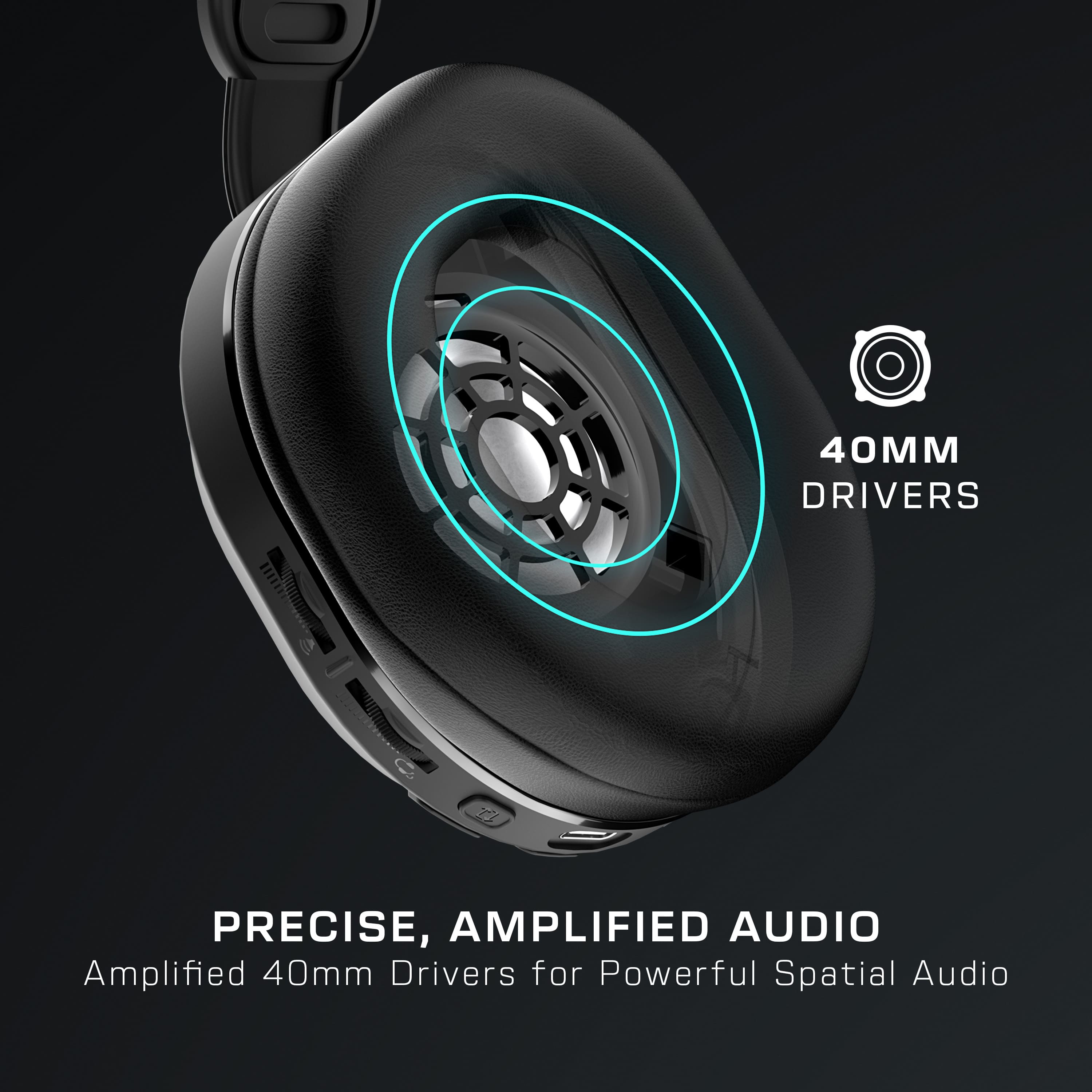 The image features a pair of headphones with a 40mm driver, providing precise, amplified audio. The headphones are designed for powerful spatial audio, making them an ideal choice for listeners seeking an immersive audio experience.