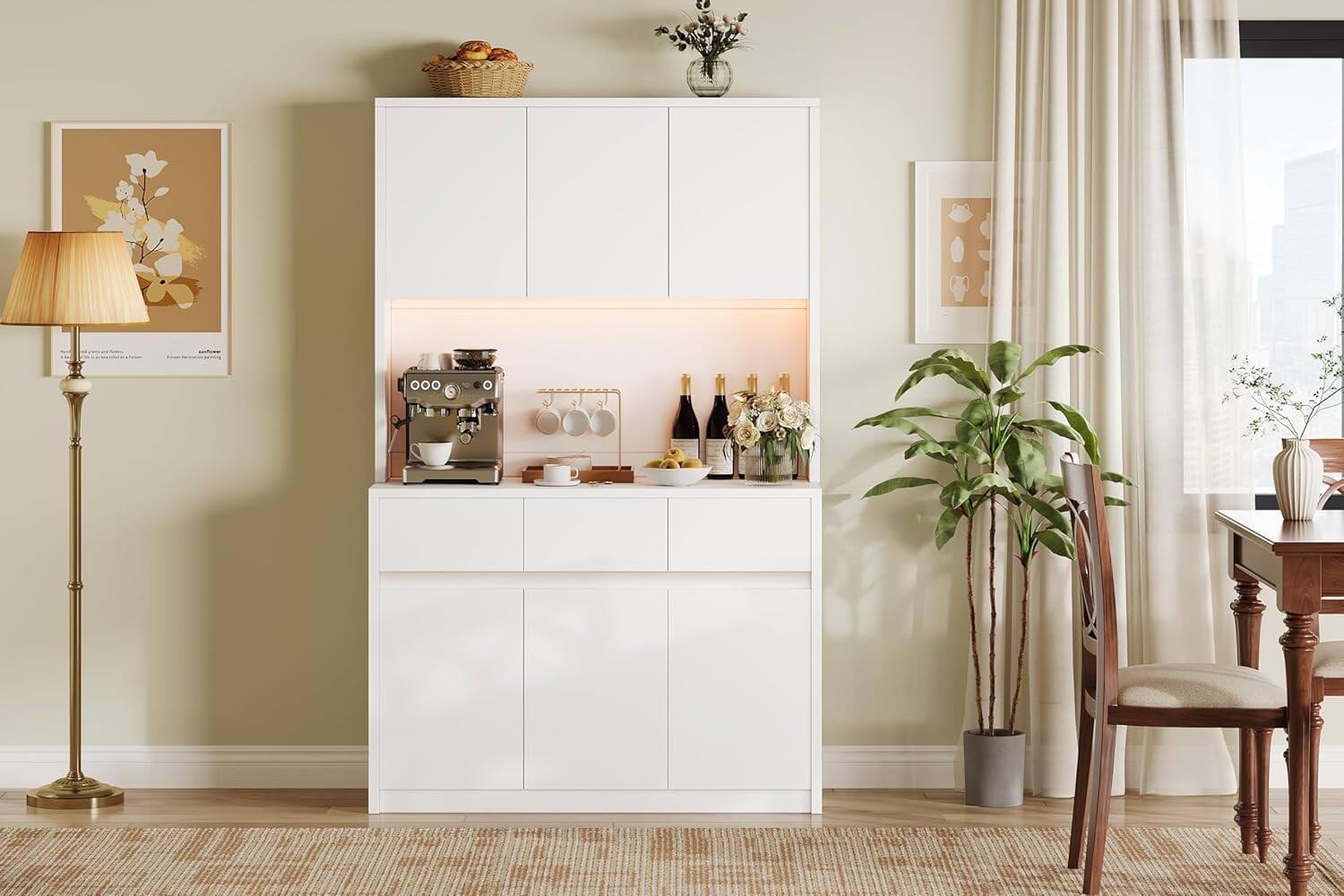 Left. GARVEE - 70-Inch White Pantry Cabinet with Charging Station, Microwave Stand for Dining Room, Spacious Storage - White.