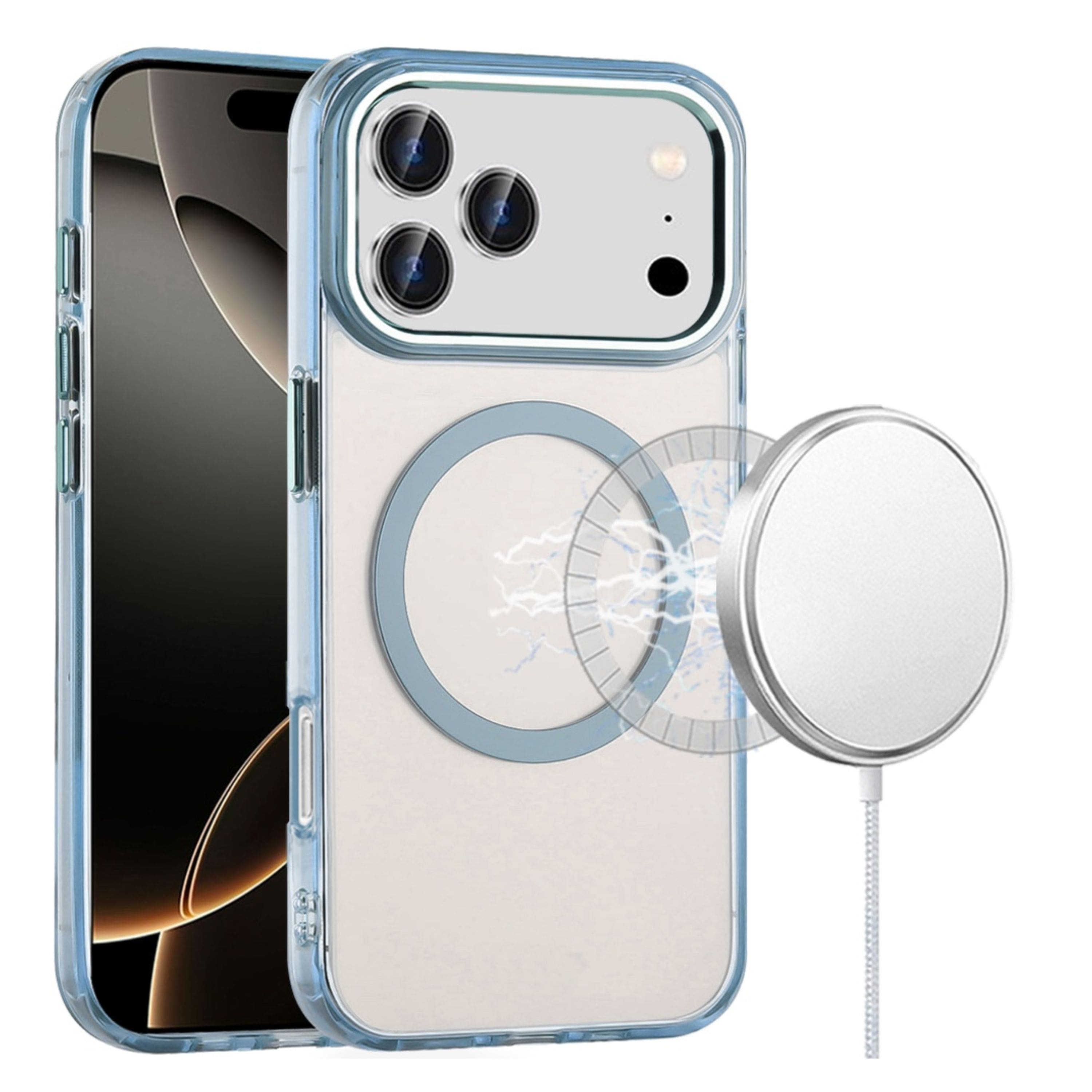 Kitcheniva - Trans-Clear Metal Buttons Phone Case With Tempered Glass For iPhone 17 Pro - Light Blue
