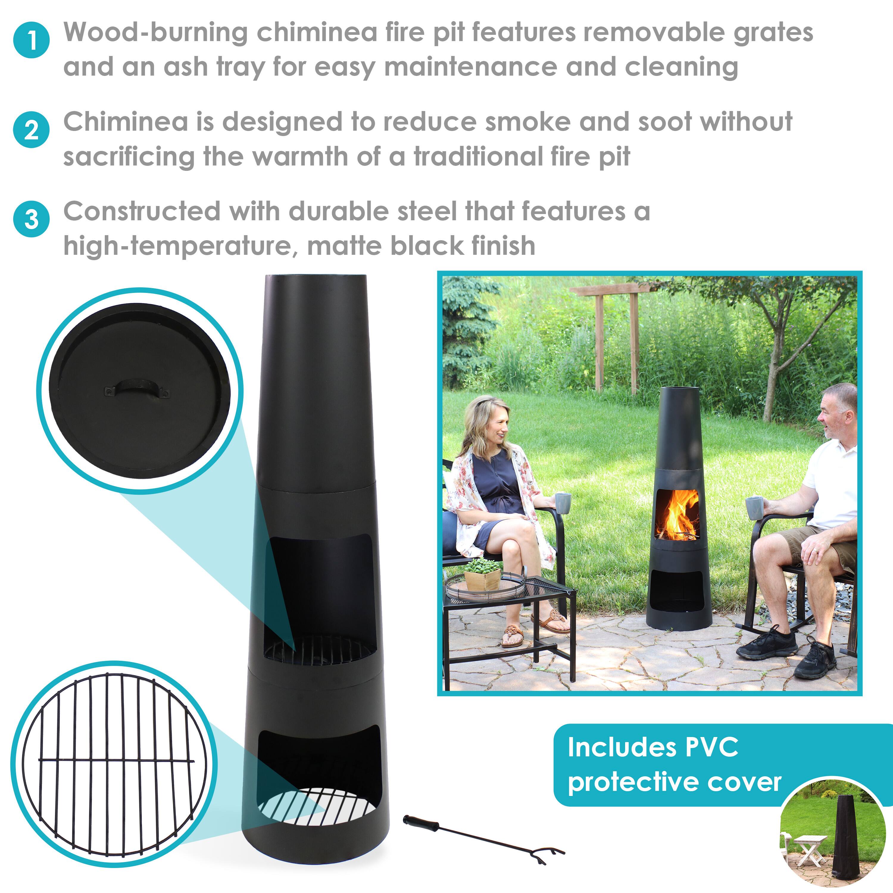 1. Wood-burning chiminea fire pit features removable grates and an ash tray for easy maintenance and cleaning.
2. Chiminea is designed to reduce smoke and soot without sacrificing the warmth of a traditional fire pit.
3. Constructed with durable steel that features a high-temperature, matte black finish.
Includes PVC protective cover.