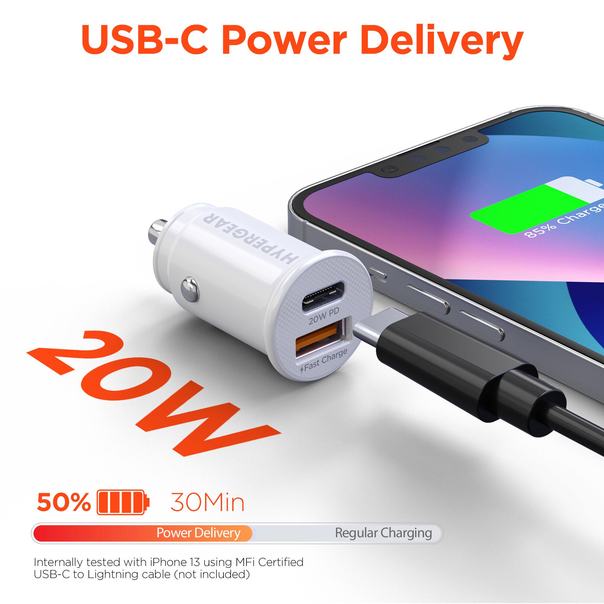 USB-C Power Delivery

HYPERGEAR PD 20W

Charge +Fast 20W

50% 30Min

Power Delivery

Regular Charging

Internally tested with iPhone 13 using MFi Certified USB-C to Lightning cable (not included)

Charge 85%