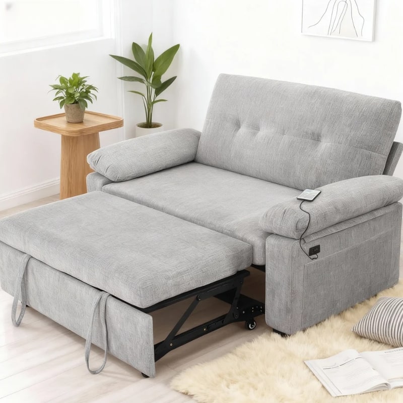 Front. Dyonery - 3 in 1 Convertible Sleeper Sofa Bed, Pull Out Couch Bed with USB Ports, Reclining Backrest, Side Pockets - Grey.
